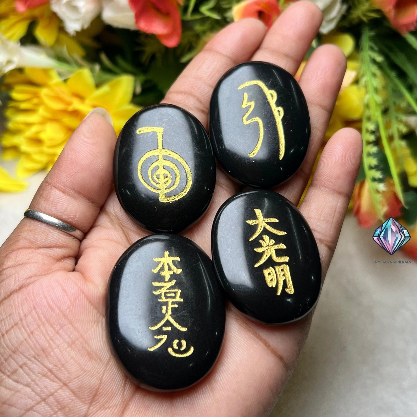 Black Tourmaline Stone Set Of 4 Usui Reiki Symbol Engraved Oval Shape Stone l Cho Ku Rei l Sei Hei Ki l Hon Sha Ze Sho Nen l Dai Ko Myo