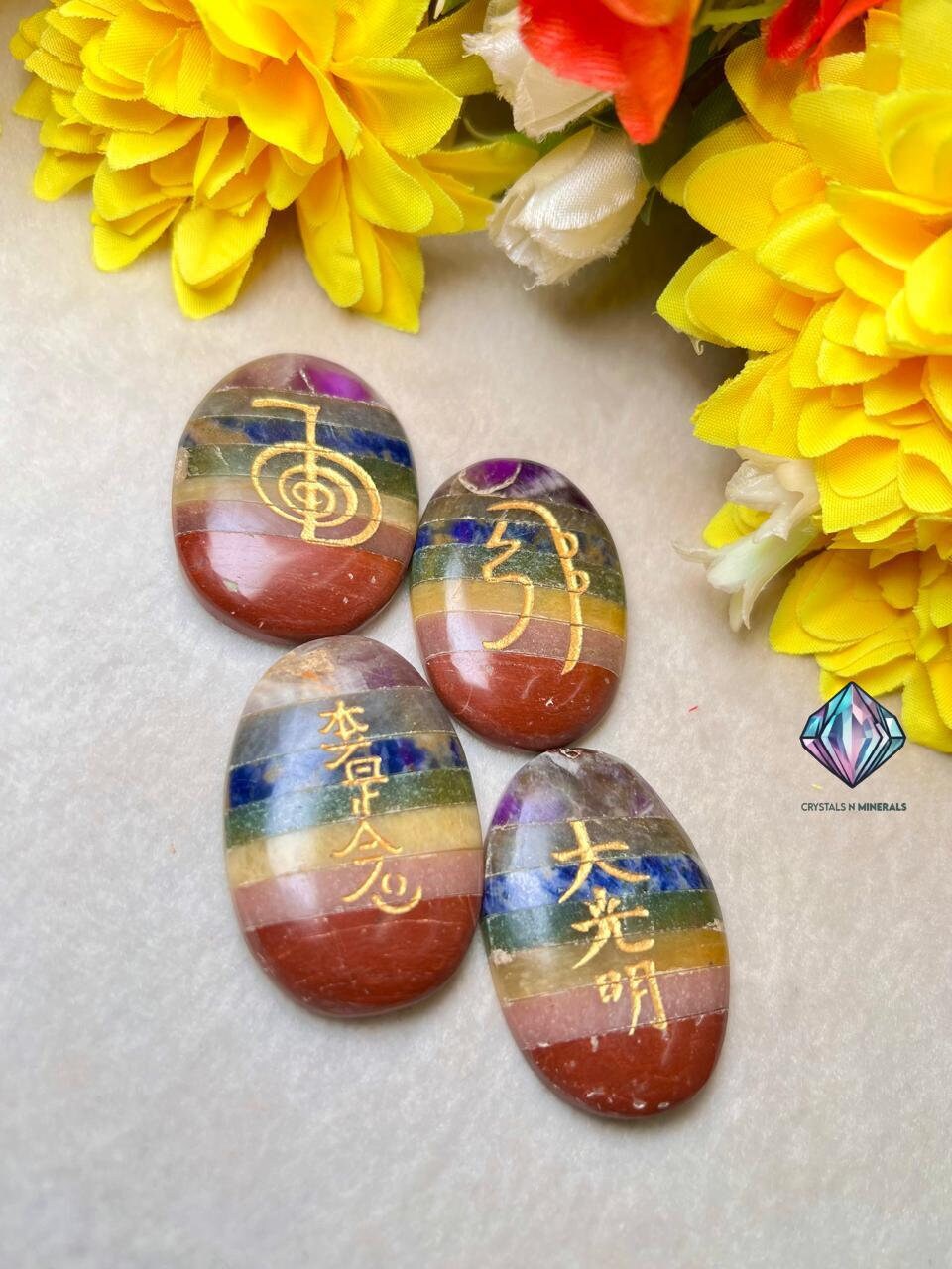 7 Seven Chakra Stone Set Of 4 Usui Reiki Symbol Engraved Oval Shape Stone l Cho Ku Rei l Sei Hei Ki l Hon Sha Ze Sho Nen l Dai Ko Myo