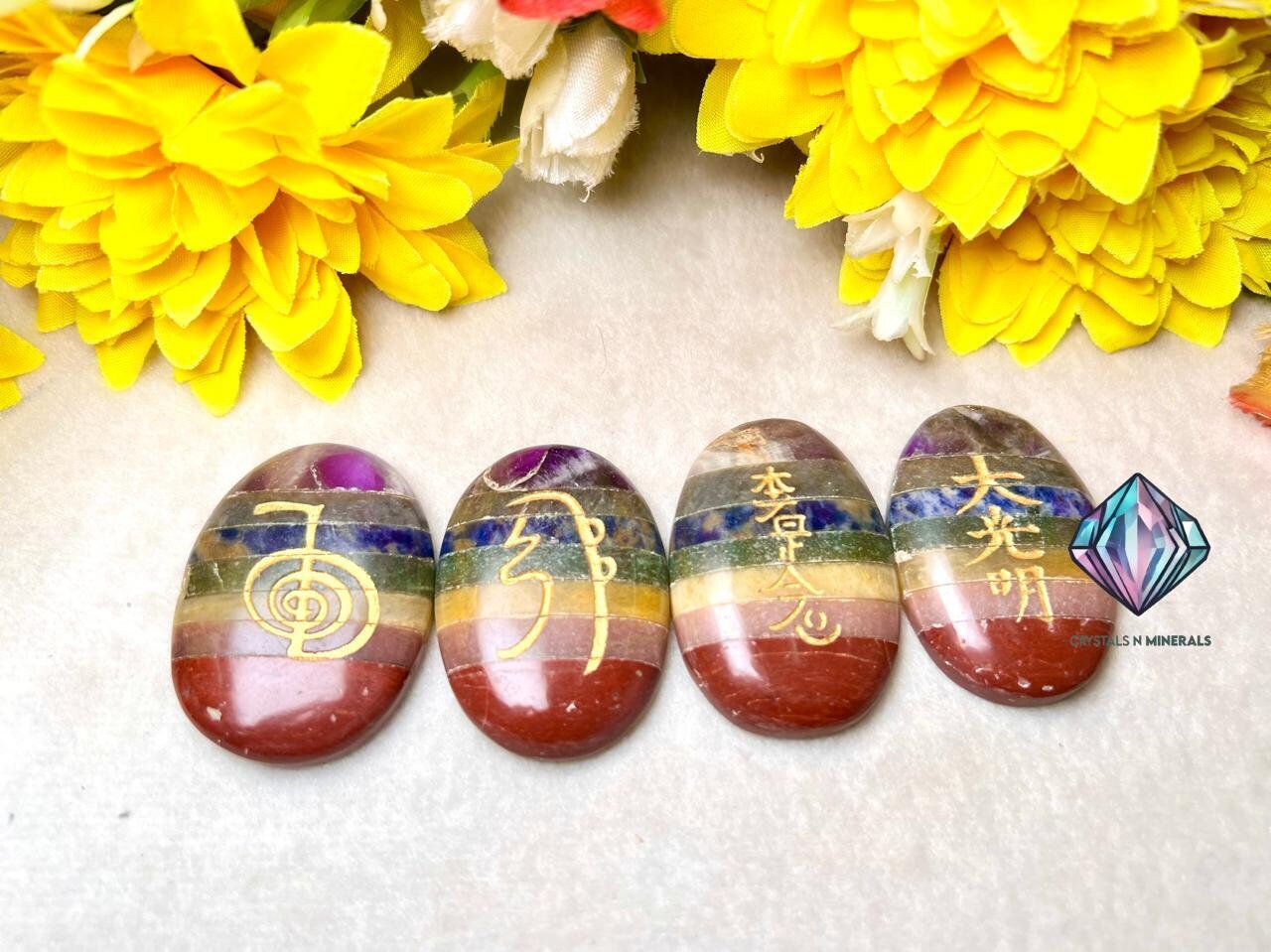 7 Seven Chakra Stone Set Of 4 Usui Reiki Symbol Engraved Oval Shape Stone l Cho Ku Rei l Sei Hei Ki l Hon Sha Ze Sho Nen l Dai Ko Myo