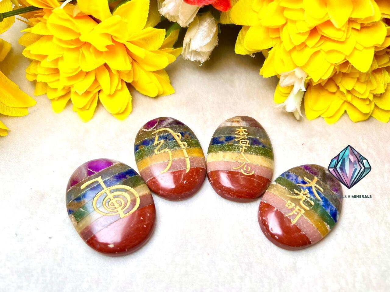 7 Seven Chakra Stone Set Of 4 Usui Reiki Symbol Engraved Oval Shape Stone l Cho Ku Rei l Sei Hei Ki l Hon Sha Ze Sho Nen l Dai Ko Myo