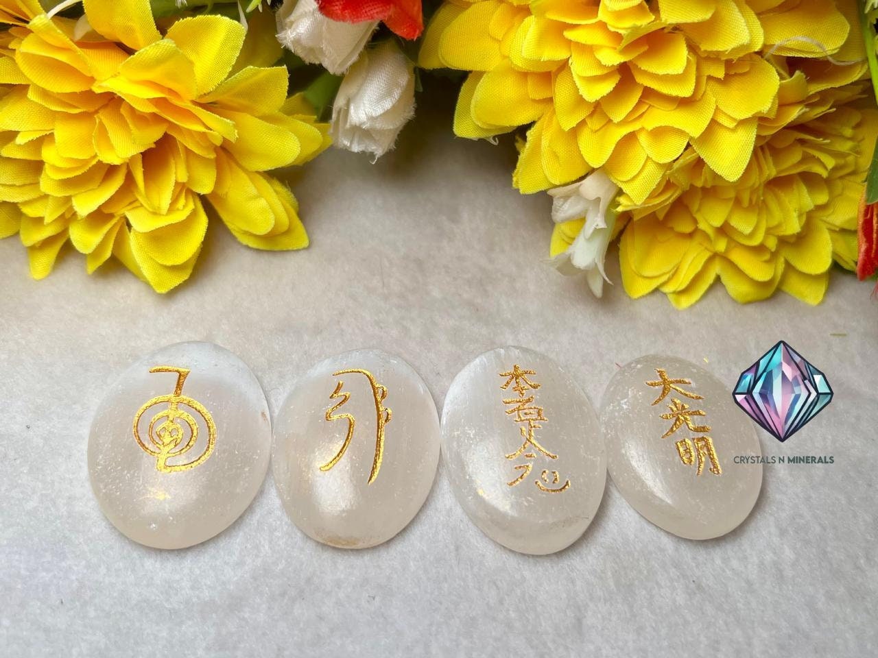 Selenite Stone Set Of 4 Usui Reiki Symbol Engraved Oval Shape Stone l Cho Ku Rei l Sei Hei Ki l Hon Sha Ze Sho Nen l Dai Ko Myo