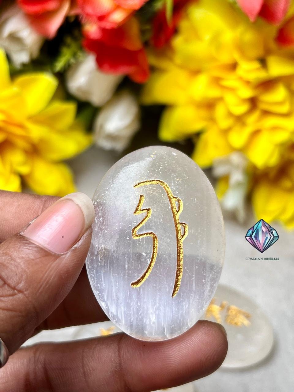 Selenite Stone Set Of 4 Usui Reiki Symbol Engraved Oval Shape Stone l Cho Ku Rei l Sei Hei Ki l Hon Sha Ze Sho Nen l Dai Ko Myo