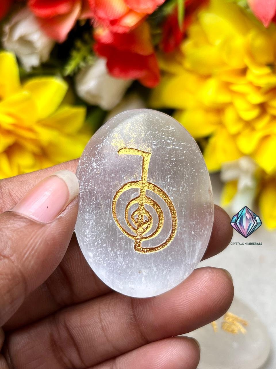 Selenite Stone Set Of 4 Usui Reiki Symbol Engraved Oval Shape Stone l Cho Ku Rei l Sei Hei Ki l Hon Sha Ze Sho Nen l Dai Ko Myo