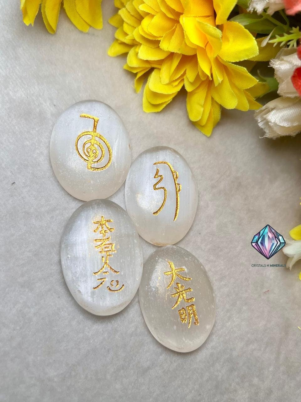 Selenite Stone Set Of 4 Usui Reiki Symbol Engraved Oval Shape Stone l Cho Ku Rei l Sei Hei Ki l Hon Sha Ze Sho Nen l Dai Ko Myo