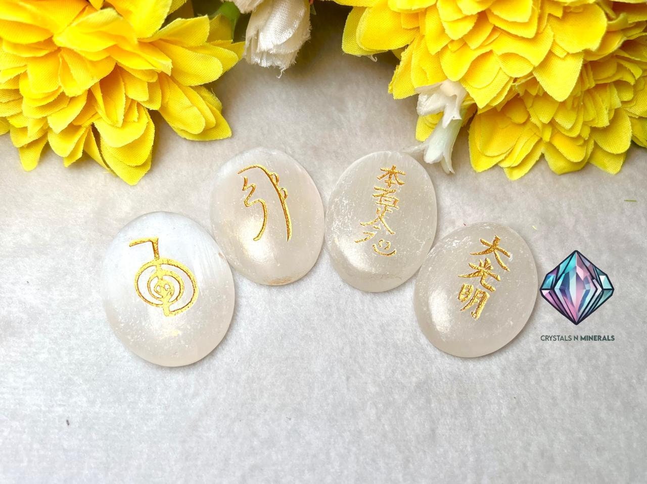 Selenite Stone Set Of 4 Usui Reiki Symbol Engraved Oval Shape Stone l Cho Ku Rei l Sei Hei Ki l Hon Sha Ze Sho Nen l Dai Ko Myo