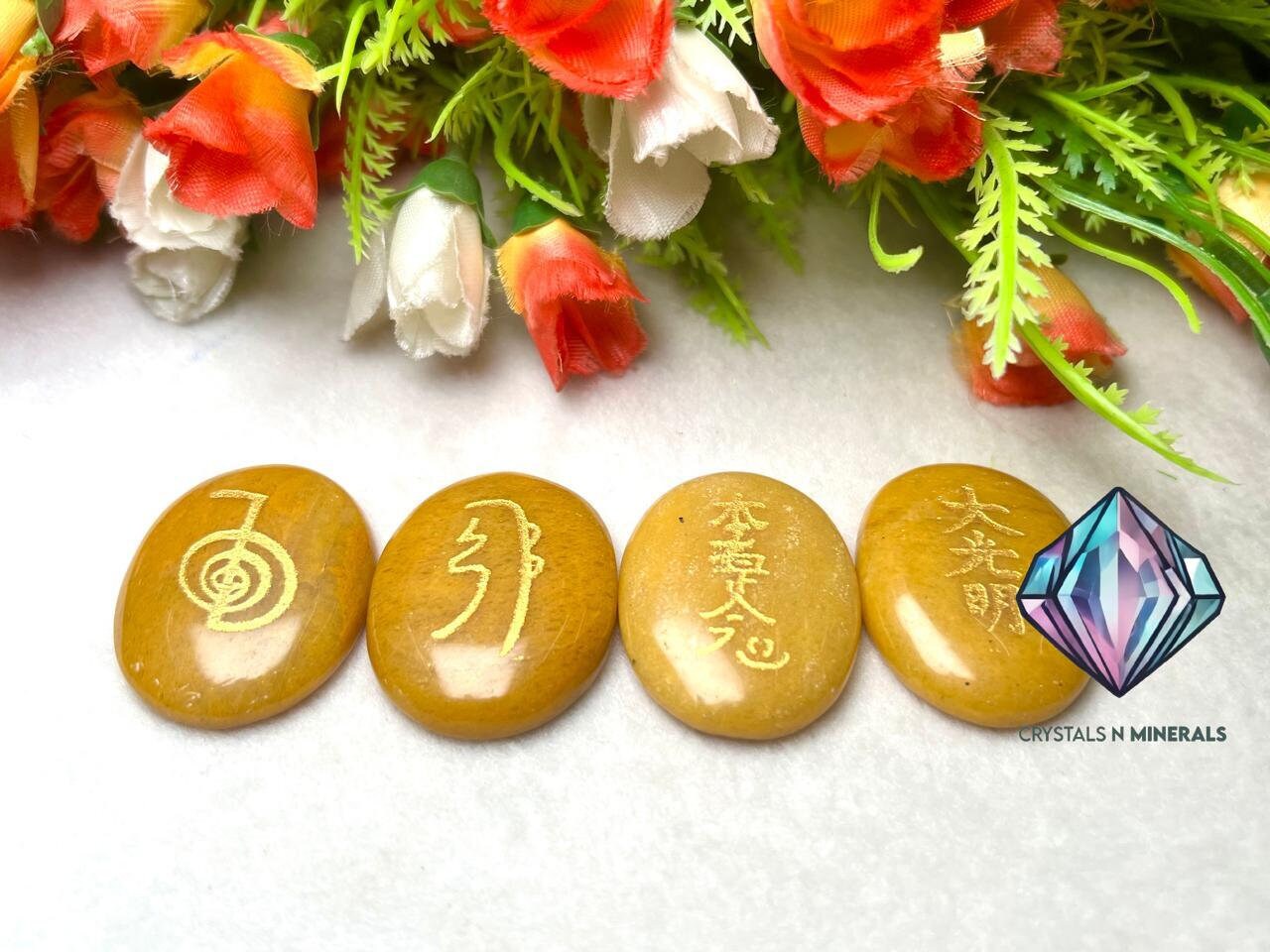 Yellow Aventurine Stone Set Of 4 Usui Reiki Symbol Engraved Oval Shape Stone l Cho Ku Rei l Sei Hei Ki l Hon Sha Ze Sho Nen l Dai Ko Myo