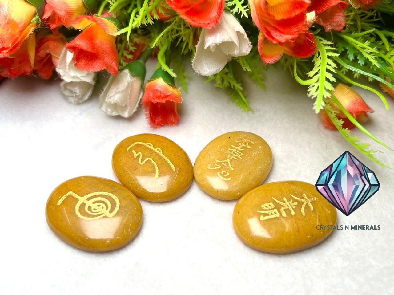 Yellow Aventurine Stone Set Of 4 Usui Reiki Symbol Engraved Oval Shape Stone l Cho Ku Rei l Sei Hei Ki l Hon Sha Ze Sho Nen l Dai Ko Myo