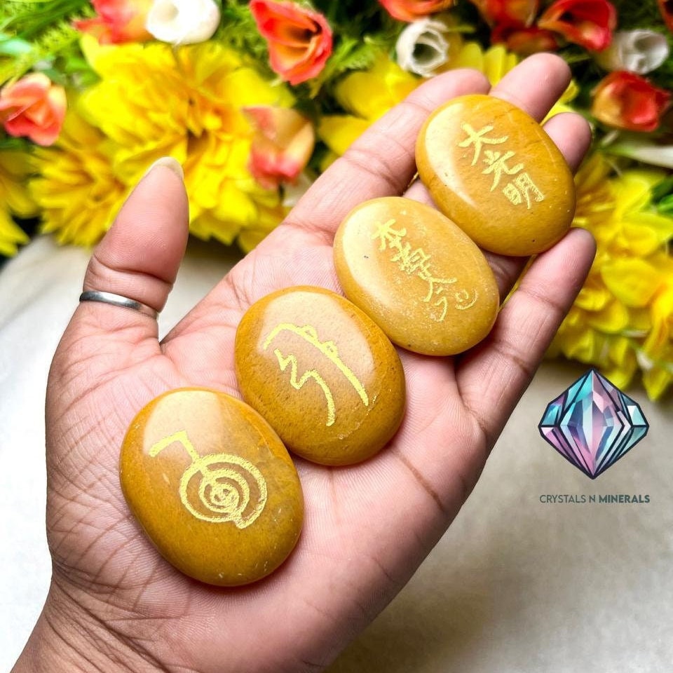 Yellow Aventurine Stone Set Of 4 Usui Reiki Symbol Engraved Oval Shape Stone l Cho Ku Rei l Sei Hei Ki l Hon Sha Ze Sho Nen l Dai Ko Myo