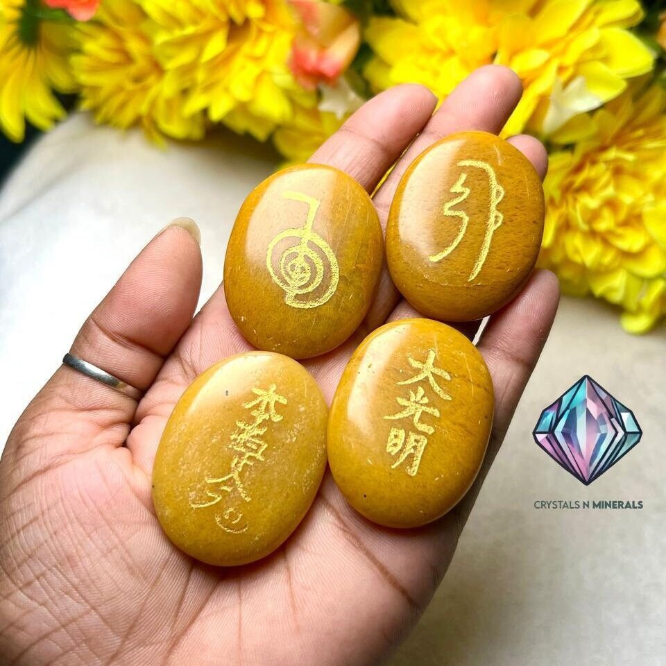 Yellow Aventurine Stone Set Of 4 Usui Reiki Symbol Engraved Oval Shape Stone l Cho Ku Rei l Sei Hei Ki l Hon Sha Ze Sho Nen l Dai Ko Myo