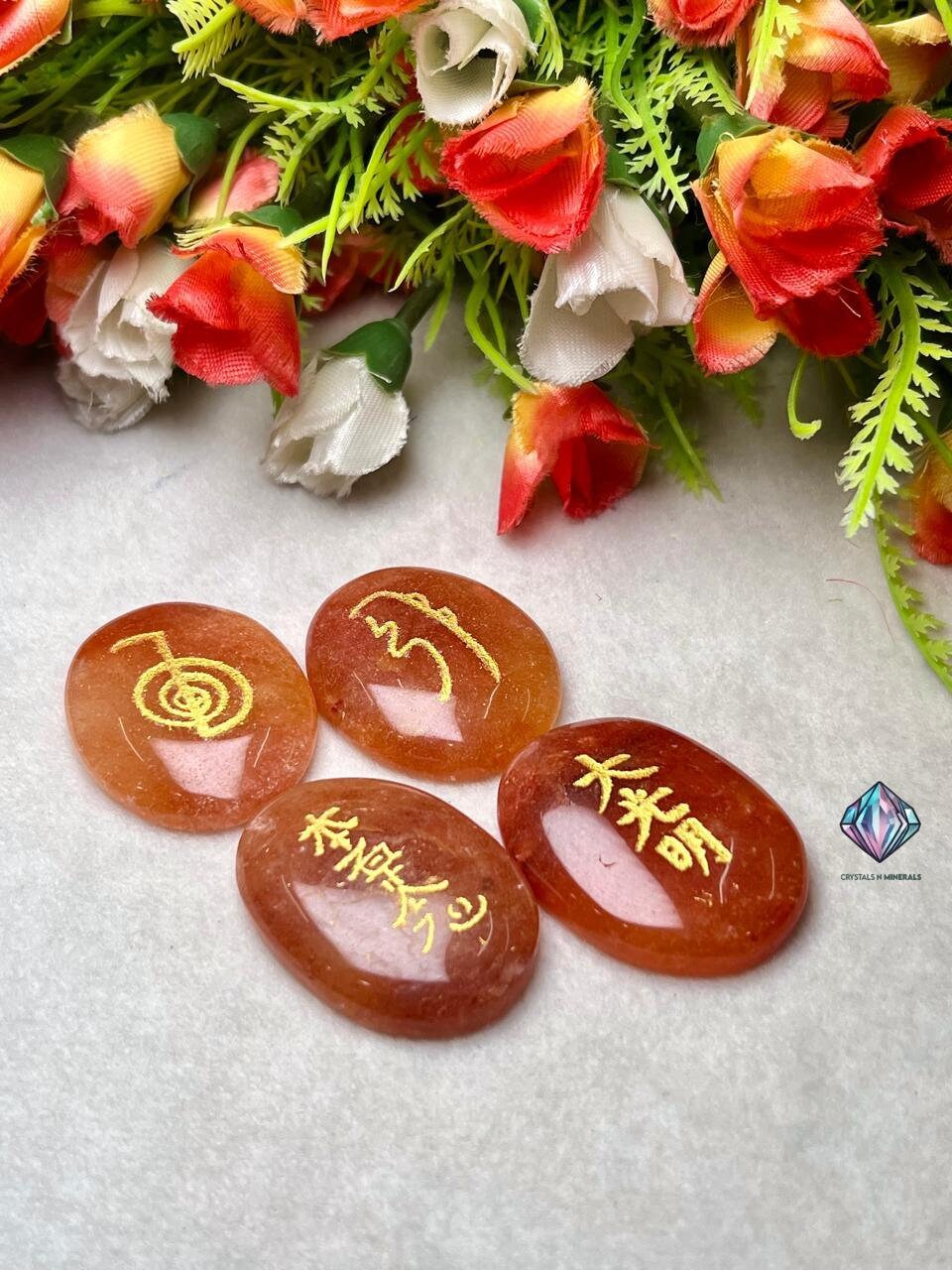 Pink Orange Aventurine Stone Set Of 4 Usui Reiki Symbol Engraved Oval Shape Stone Cho Ku Rei l Sei Hei Ki l Hon Sha Ze Sho Nen l Dai Ko Myo