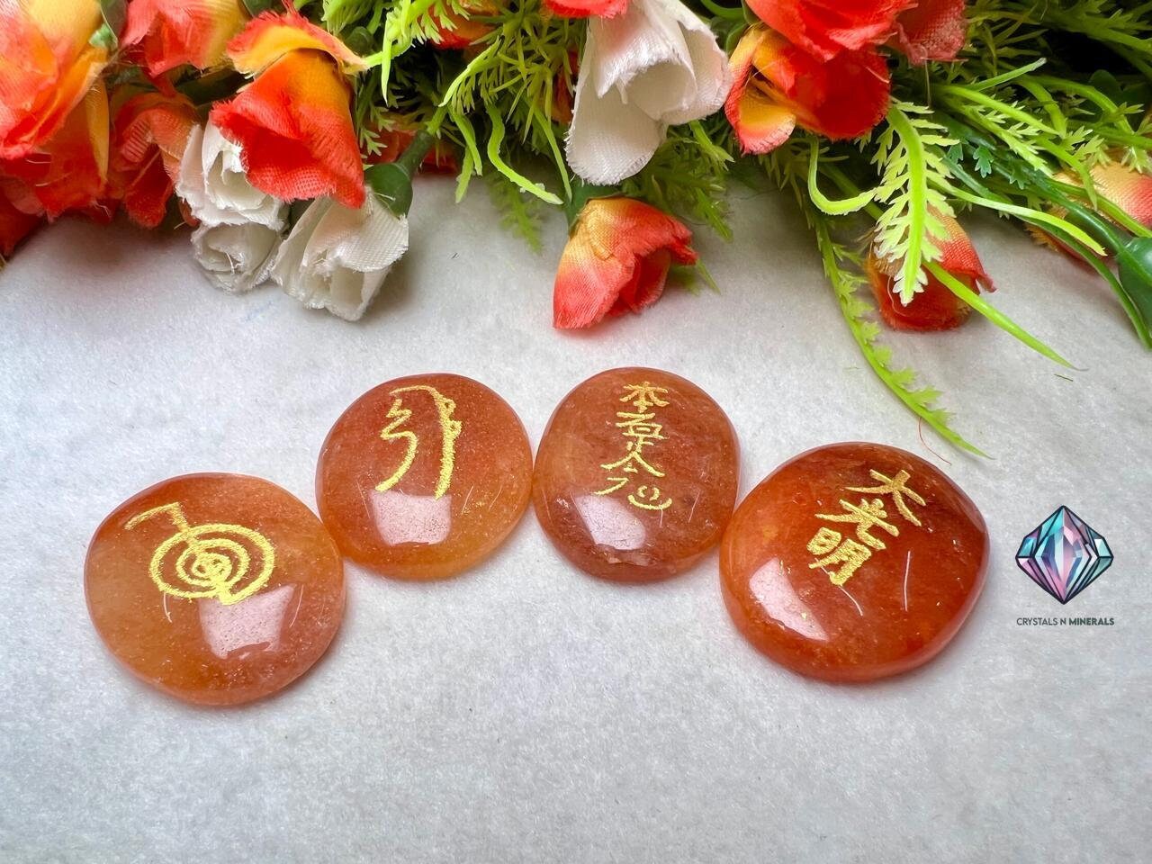 Pink Orange Aventurine Stone Set Of 4 Usui Reiki Symbol Engraved Oval Shape Stone Cho Ku Rei l Sei Hei Ki l Hon Sha Ze Sho Nen l Dai Ko Myo