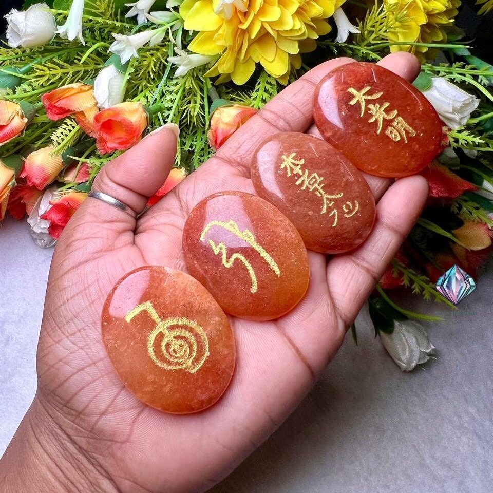 Pink Orange Aventurine Stone Set Of 4 Usui Reiki Symbol Engraved Oval Shape Stone Cho Ku Rei l Sei Hei Ki l Hon Sha Ze Sho Nen l Dai Ko Myo