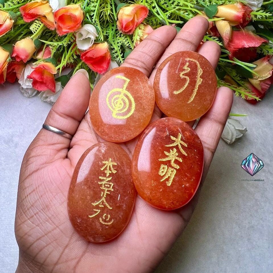 Pink Orange Aventurine Stone Set Of 4 Usui Reiki Symbol Engraved Oval Shape Stone Cho Ku Rei l Sei Hei Ki l Hon Sha Ze Sho Nen l Dai Ko Myo