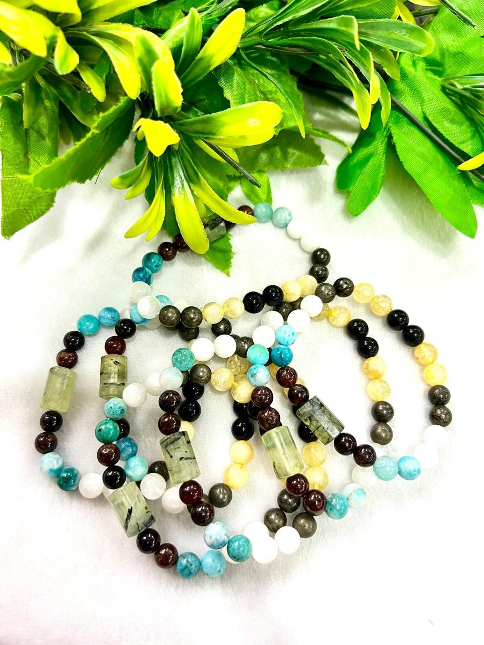 Master Healer Stone Bracelet Rainbow Obsidian ,Pyrite , Selenite , Hessonite , Prehnite ,Blue Smithsonite ,Citrine Stone Bracelet 8 mm