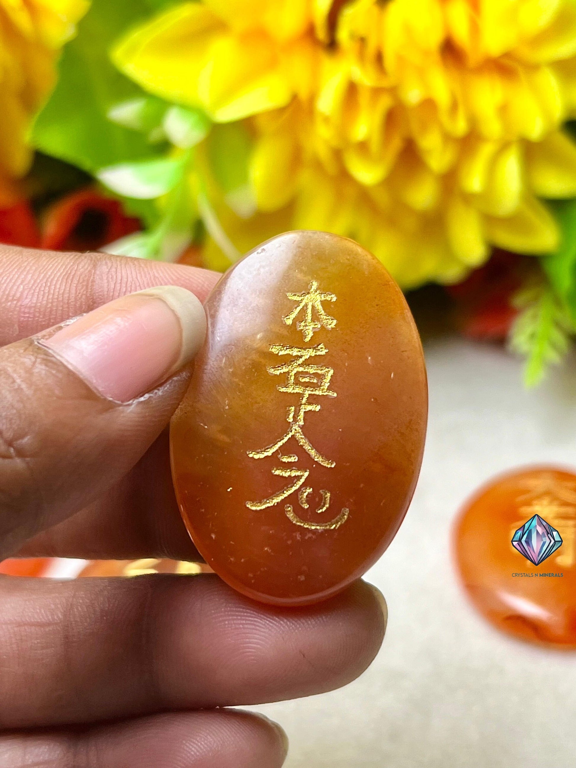 Carnelian Stone Set Of 4 Usui Reiki Symbol Engraved Oval Shape Stone Cho Ku Rei l Sei Hei Ki l Hon Sha Ze Sho Nen l Dai Ko Myo