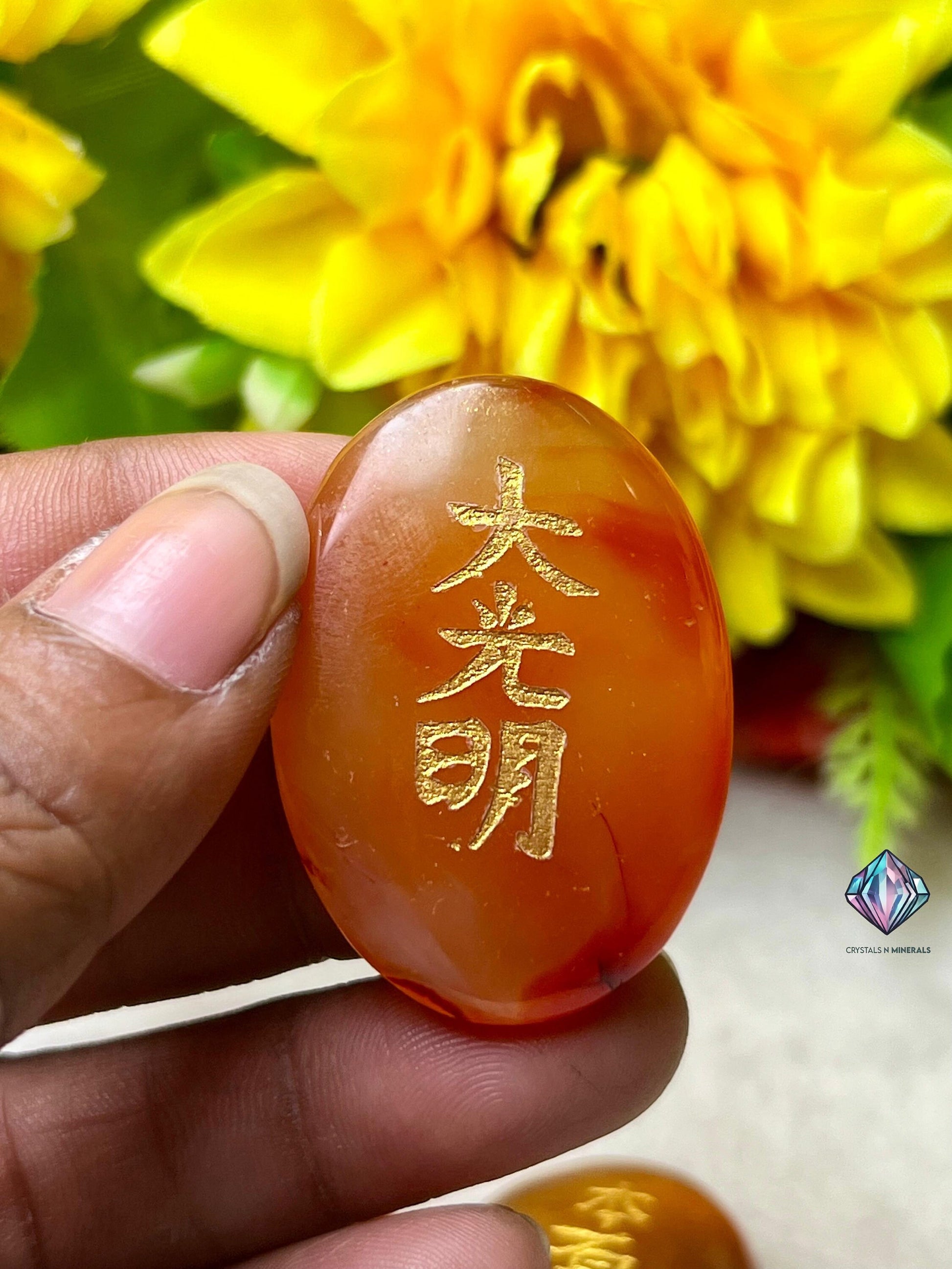 Carnelian Stone Set Of 4 Usui Reiki Symbol Engraved Oval Shape Stone Cho Ku Rei l Sei Hei Ki l Hon Sha Ze Sho Nen l Dai Ko Myo