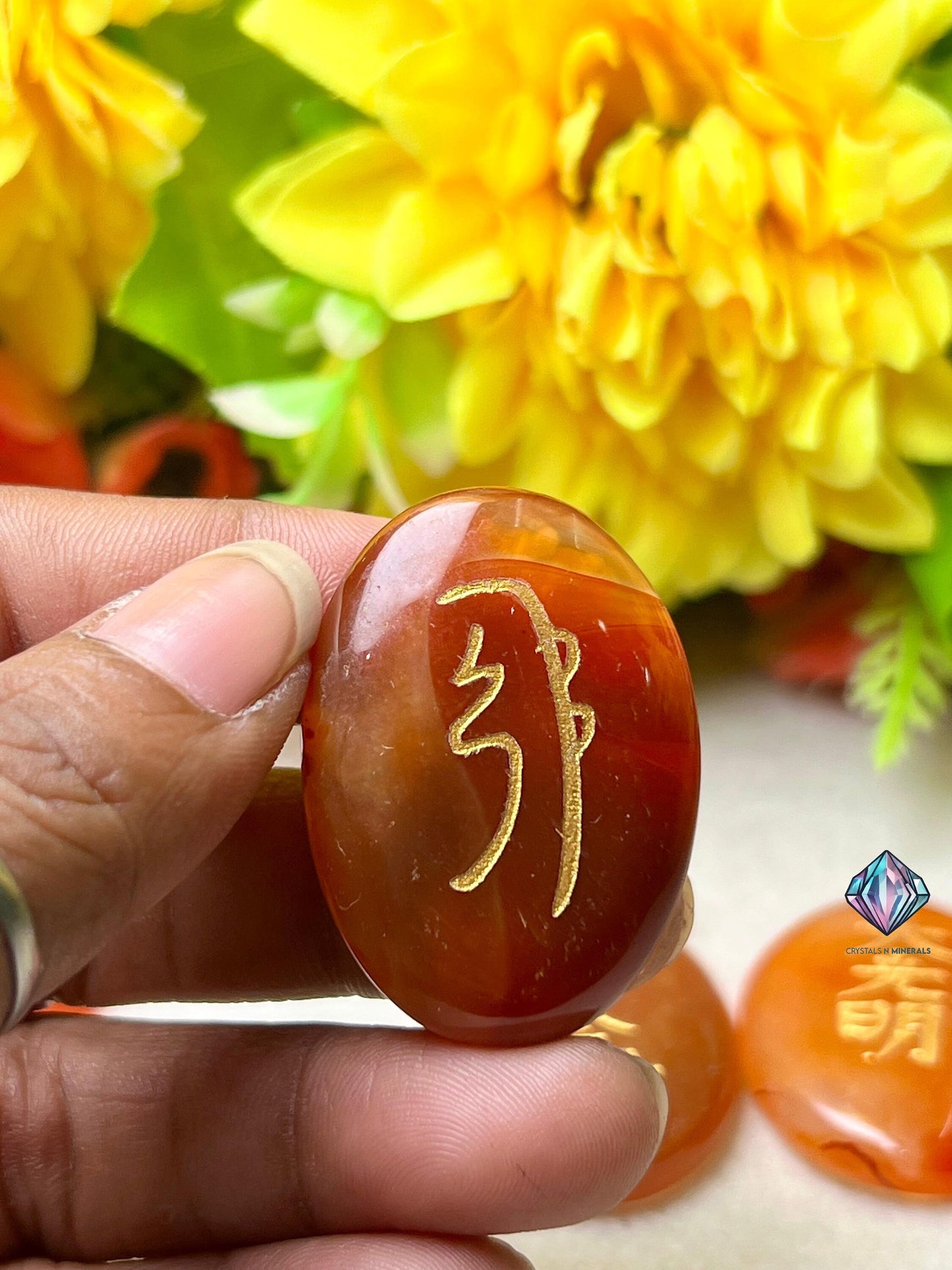 Carnelian Stone Set Of 4 Usui Reiki Symbol Engraved Oval Shape Stone Cho Ku Rei l Sei Hei Ki l Hon Sha Ze Sho Nen l Dai Ko Myo