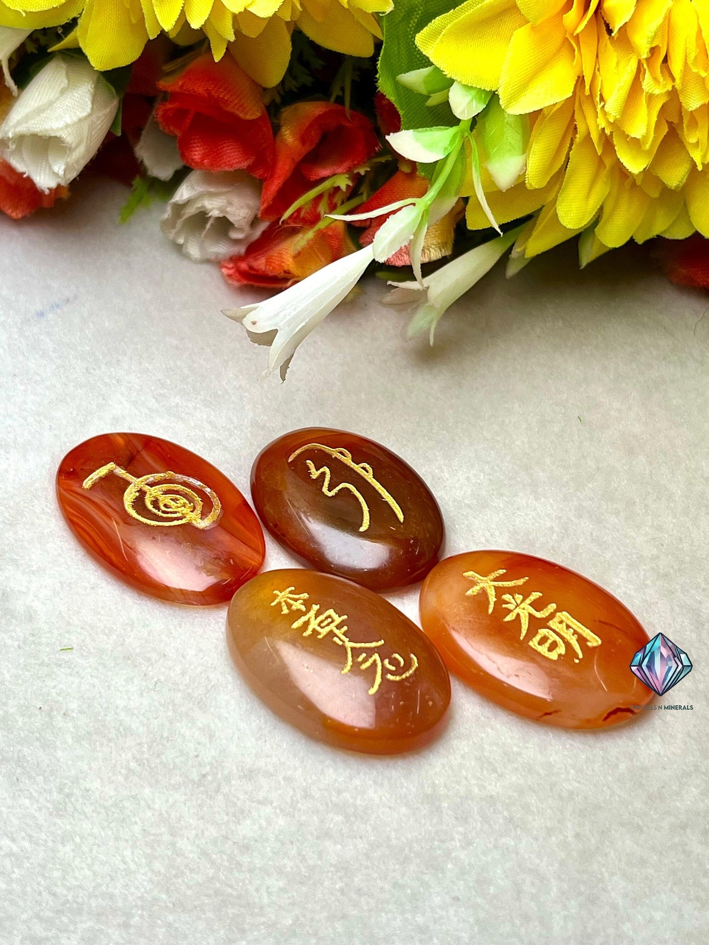 Carnelian Stone Set Of 4 Usui Reiki Symbol Engraved Oval Shape Stone Cho Ku Rei l Sei Hei Ki l Hon Sha Ze Sho Nen l Dai Ko Myo