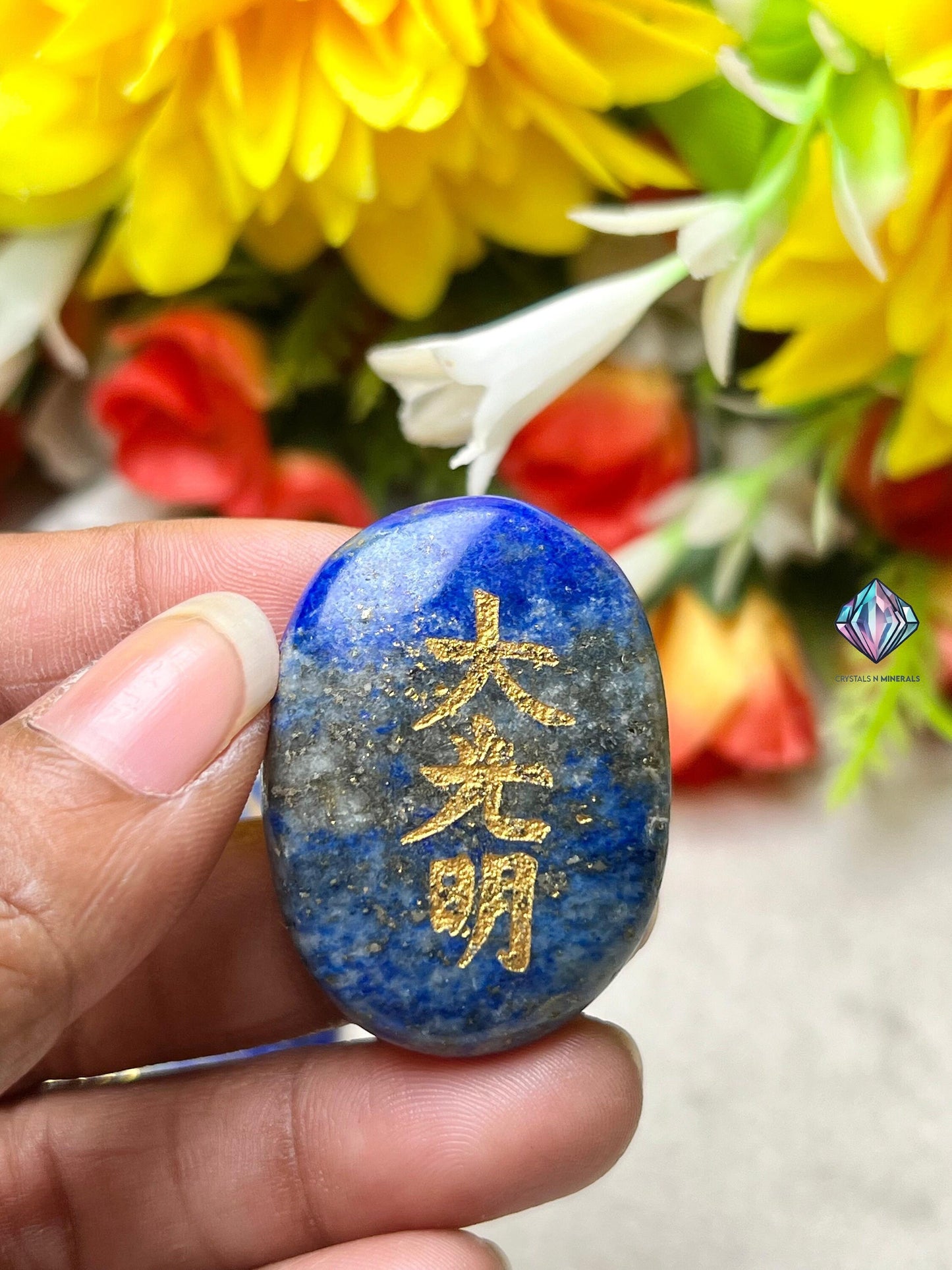 Lapis lazuli Stone Set Of 4 Usui Reiki Symbol Engraved Oval Shape Stone l Cho Ku Rei l Sei Hei Ki l Hon Sha Ze Sho Nen l Dai Ko Myo