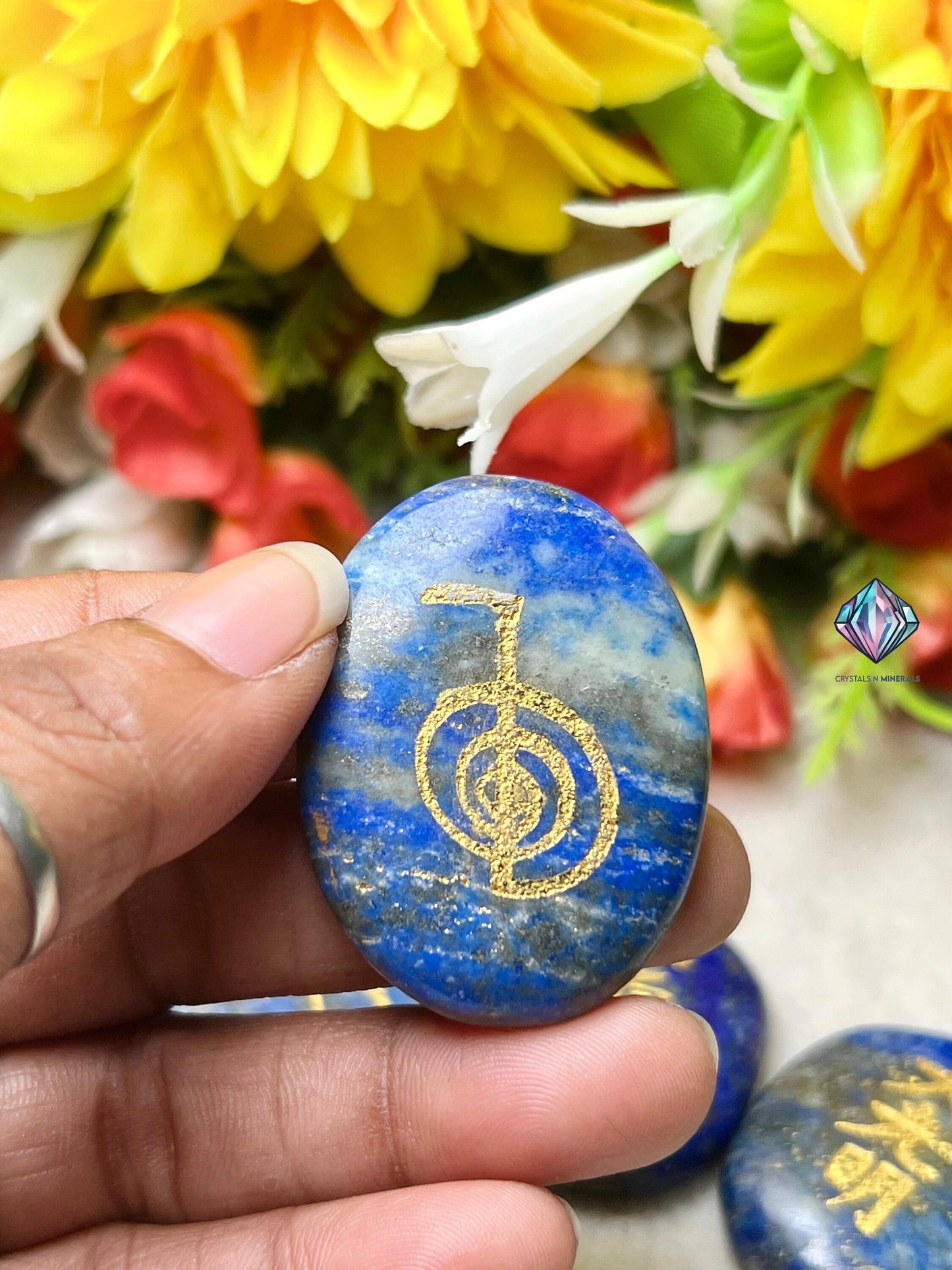 Lapis lazuli Stone Set Of 4 Usui Reiki Symbol Engraved Oval Shape Stone l Cho Ku Rei l Sei Hei Ki l Hon Sha Ze Sho Nen l Dai Ko Myo