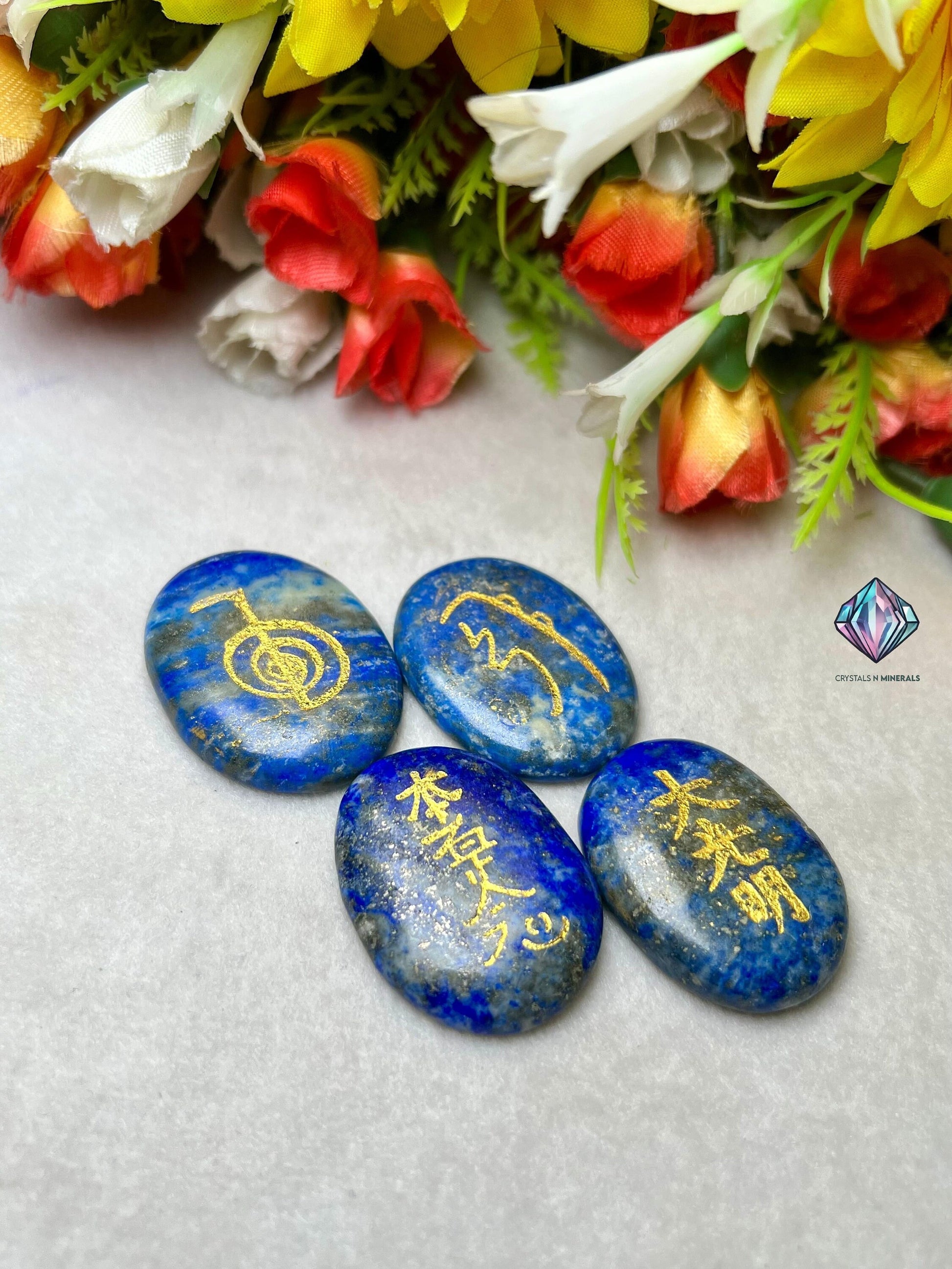 Lapis lazuli Stone Set Of 4 Usui Reiki Symbol Engraved Oval Shape Stone l Cho Ku Rei l Sei Hei Ki l Hon Sha Ze Sho Nen l Dai Ko Myo