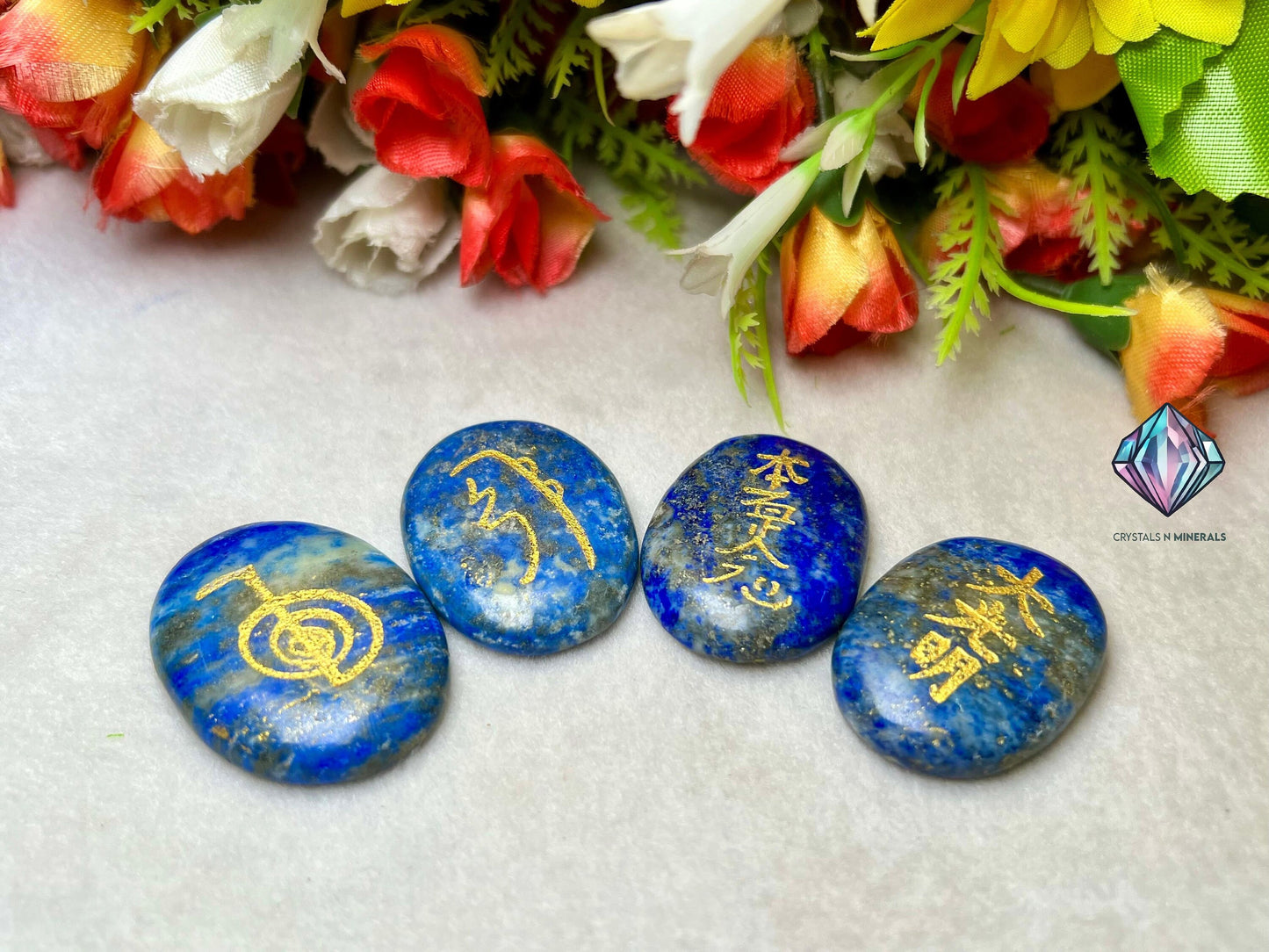 Lapis lazuli Stone Set Of 4 Usui Reiki Symbol Engraved Oval Shape Stone l Cho Ku Rei l Sei Hei Ki l Hon Sha Ze Sho Nen l Dai Ko Myo