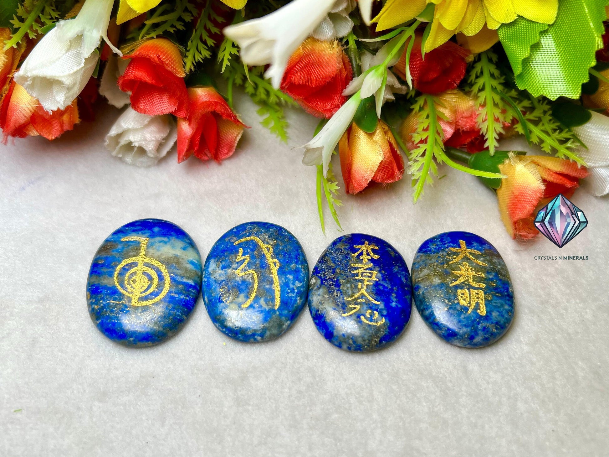 Lapis lazuli Stone Set Of 4 Usui Reiki Symbol Engraved Oval Shape Stone l Cho Ku Rei l Sei Hei Ki l Hon Sha Ze Sho Nen l Dai Ko Myo