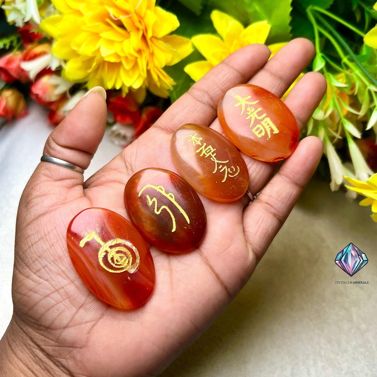 Carnelian Stone Set Of 4 Usui Reiki Symbol Engraved Oval Shape Stone Cho Ku Rei l Sei Hei Ki l Hon Sha Ze Sho Nen l Dai Ko Myo