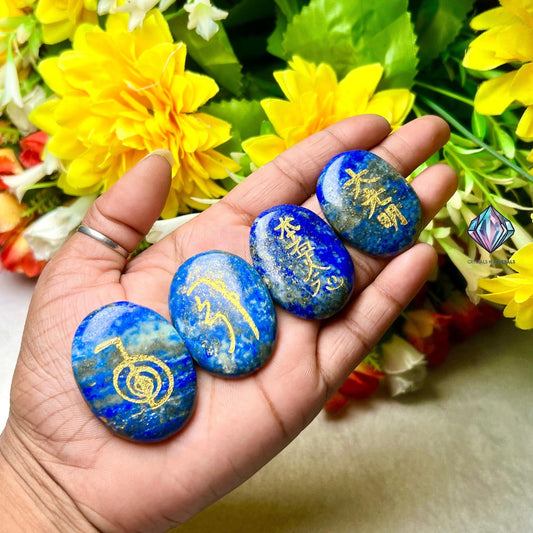 Lapis lazuli Stone Set Of 4 Usui Reiki Symbol Engraved Oval Shape Stone l Cho Ku Rei l Sei Hei Ki l Hon Sha Ze Sho Nen l Dai Ko Myo