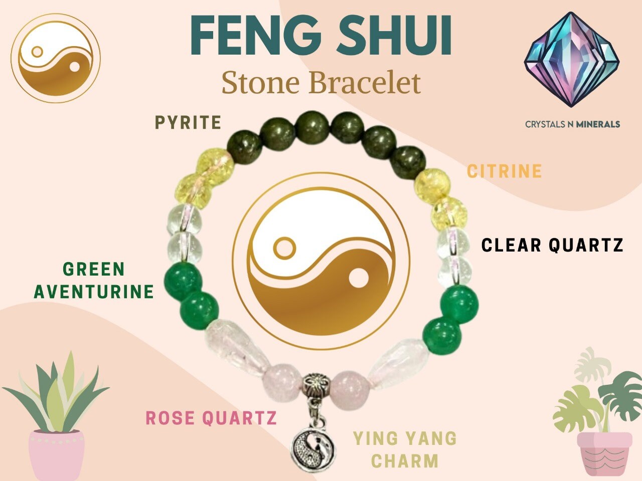 Feng Shui Stone Bracelet  Pyrite ,Green Aventurine , Citrine , Clear Quartz , Rose Quartz Stone Bracelet 8 mm with Yin Yang Charm