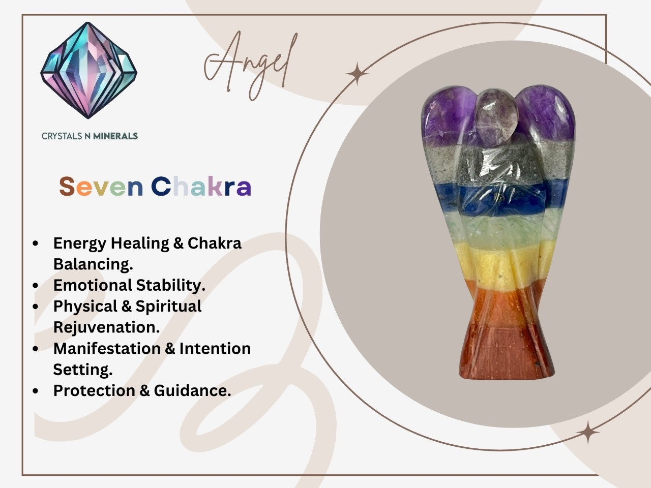 2" Seven 7 Chakra Stone ANGEL (1) Piece Free standing guardian Angel crystal Reiki energy blessed hand carved Angelic connection