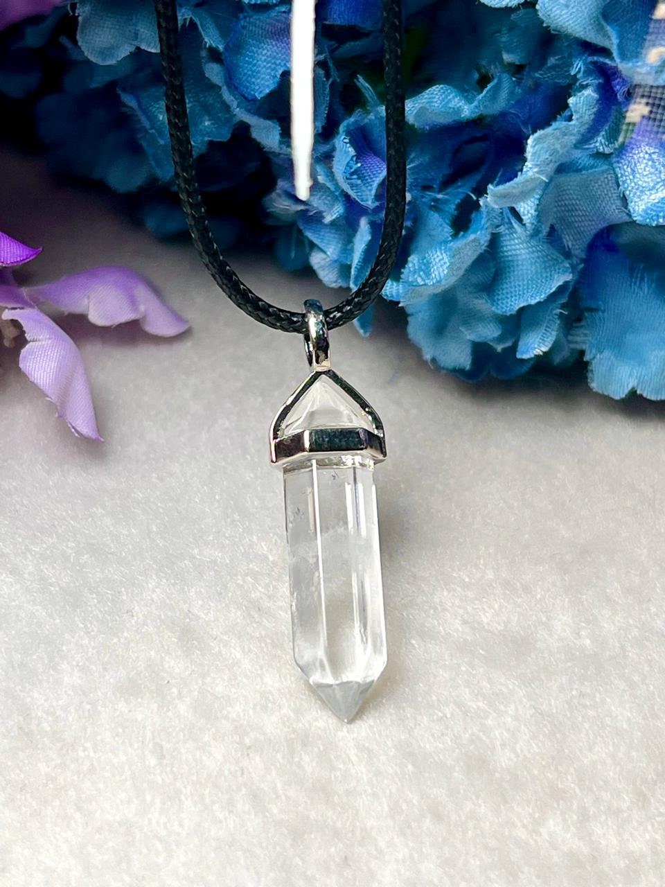 Crystal Stone Double Point Pencil Pendant with Black Cord