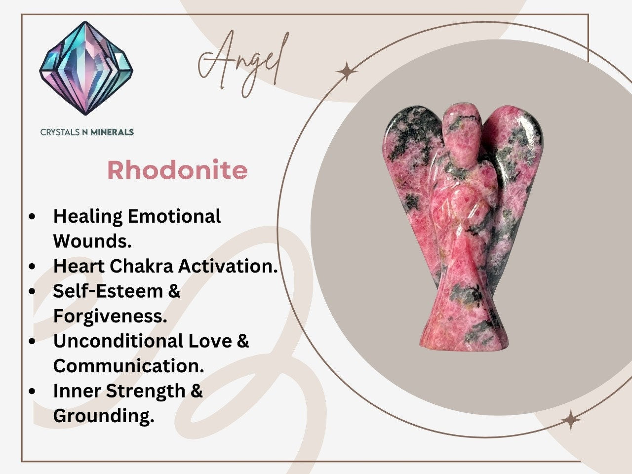 2" Rhodonite Crystal Stone ANGEL One(1)Piece Free standing guardian Angel crystal Reiki energy blessed hand carved Angelic connection