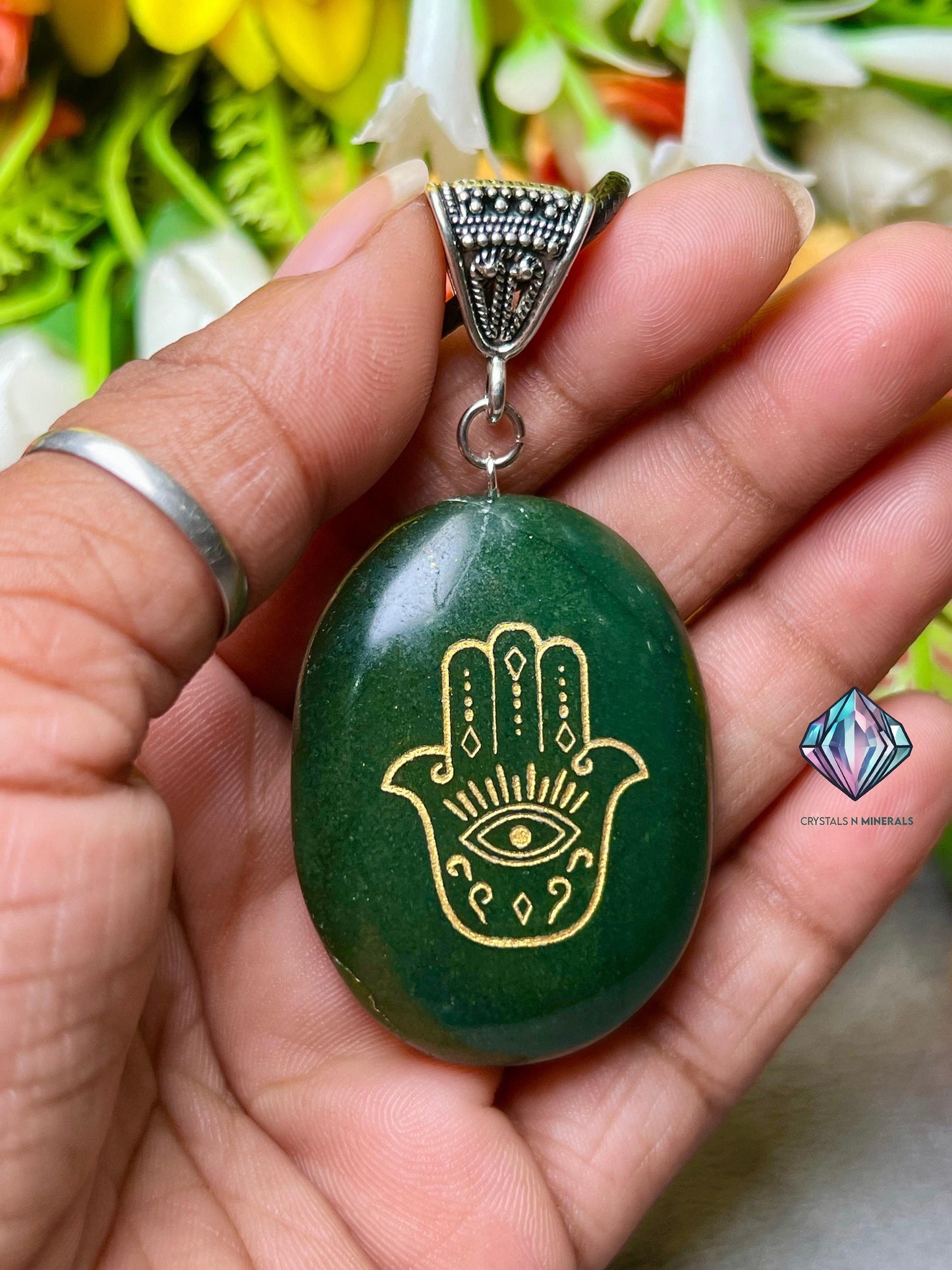 Green Jade Stone Zibu Hand Of Hamsa Angelic Symbol Pendant with Black Cord For Protection of Every Negative thing