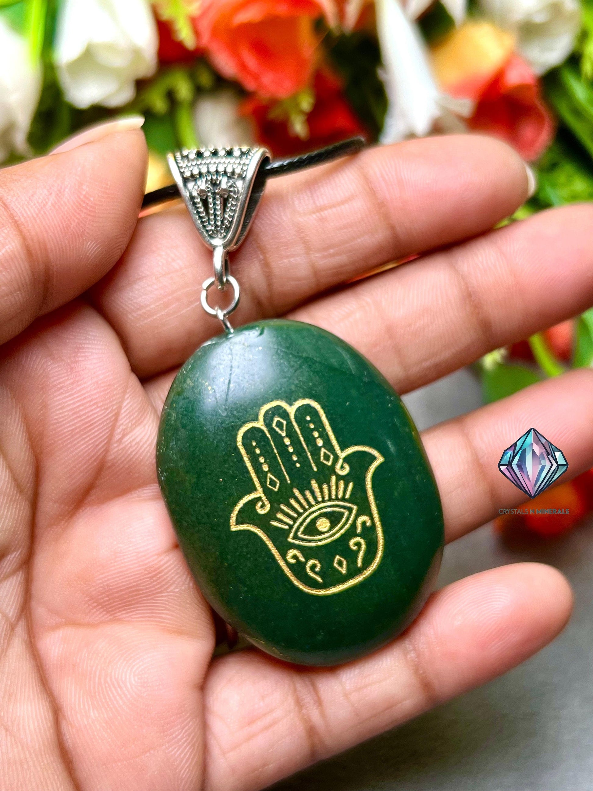 Green Jade Stone Zibu Hand Of Hamsa Angelic Symbol Pendant with Black Cord For Protection of Every Negative thing