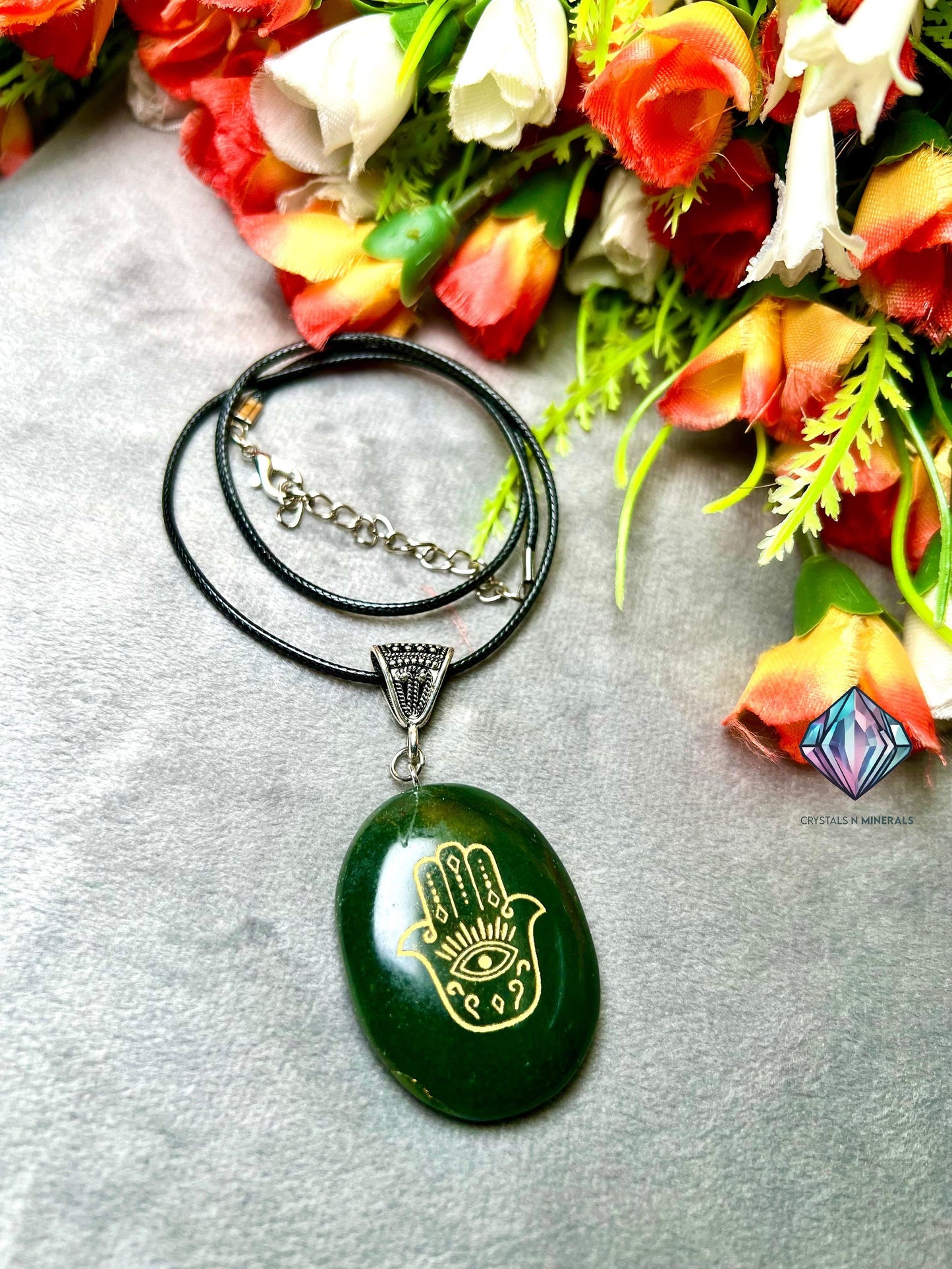 Green Jade Stone Zibu Hand Of Hamsa Angelic Symbol Pendant with Black Cord For Protection of Every Negative thing