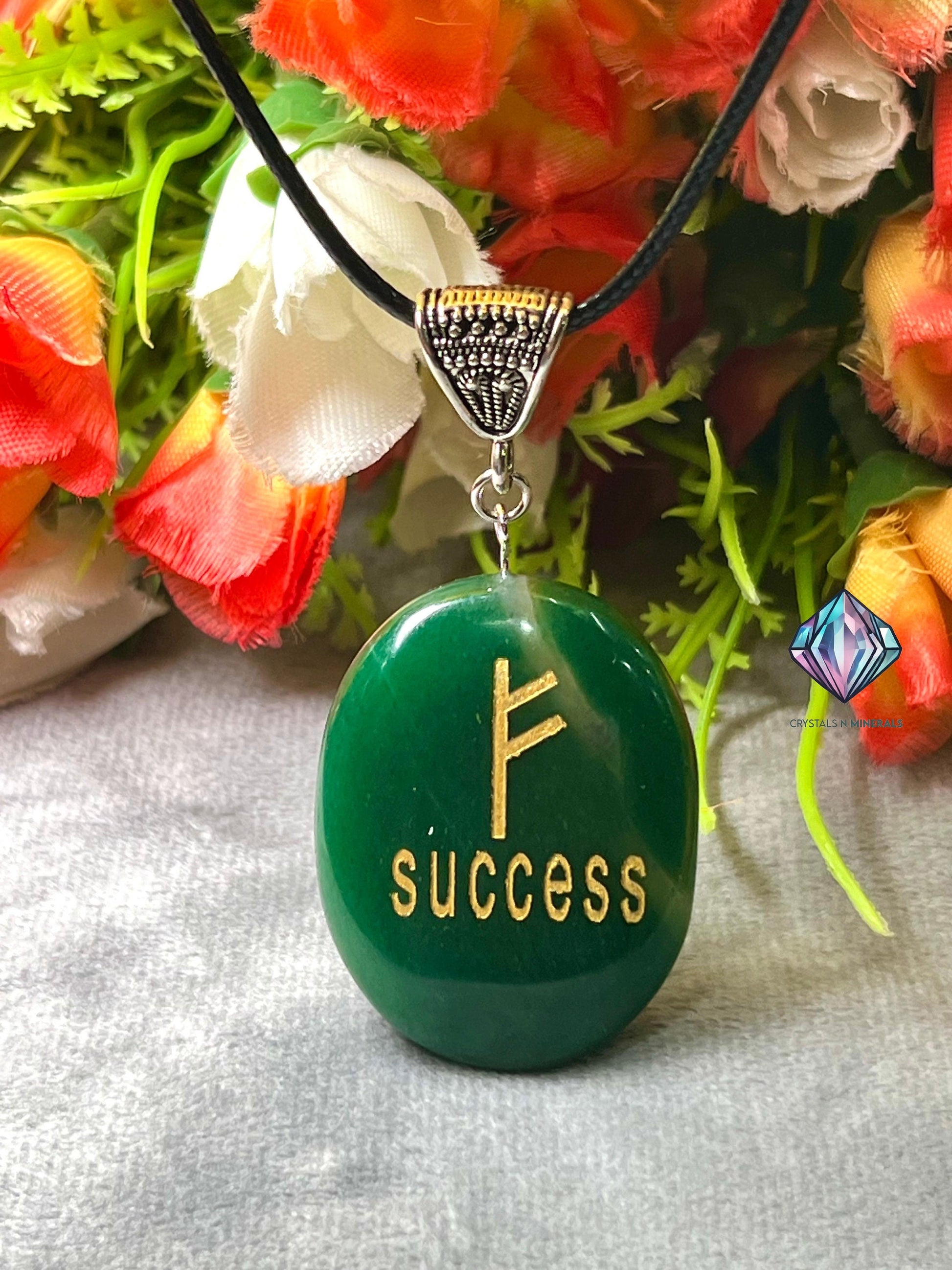 Green Jade Stone Zibu SUCCESS Angelic Symbol Pendant with Black Cord