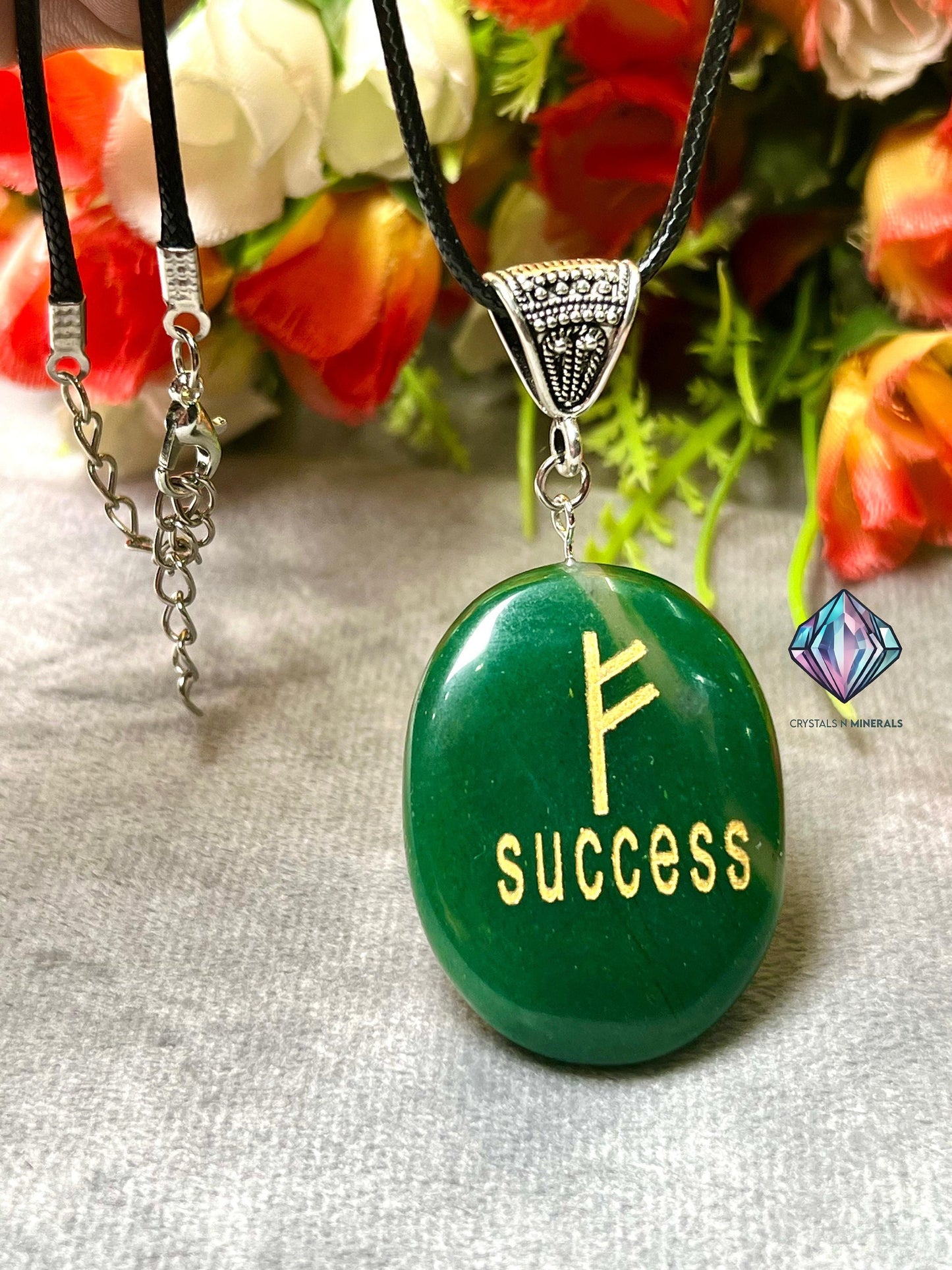 Green Jade Stone Zibu SUCCESS Angelic Symbol Pendant with Black Cord