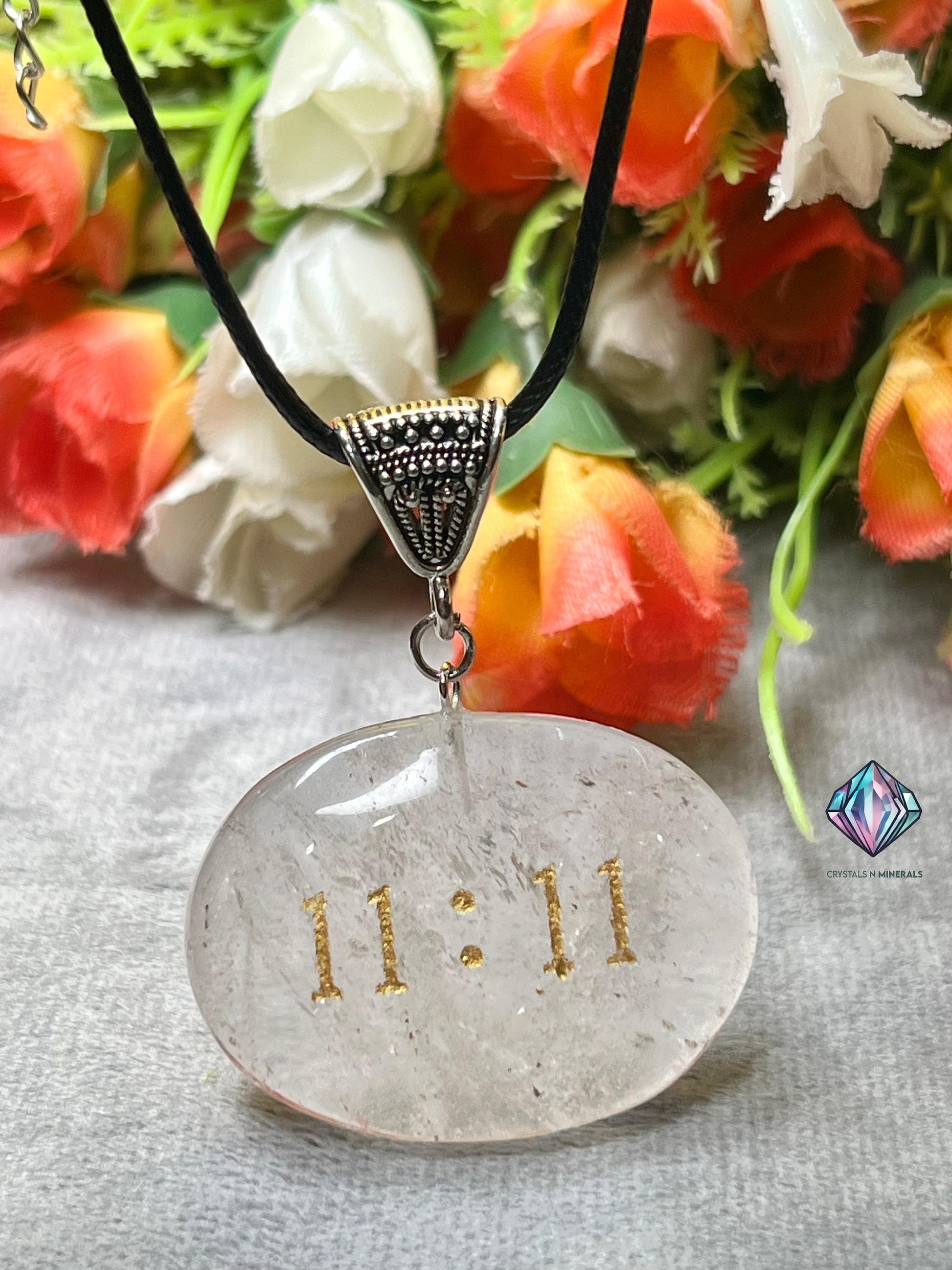 Angel Number 11:11 Himalayan Crystal Quartz Stone Zibu Angelic Symbol Pendant With Black Cord