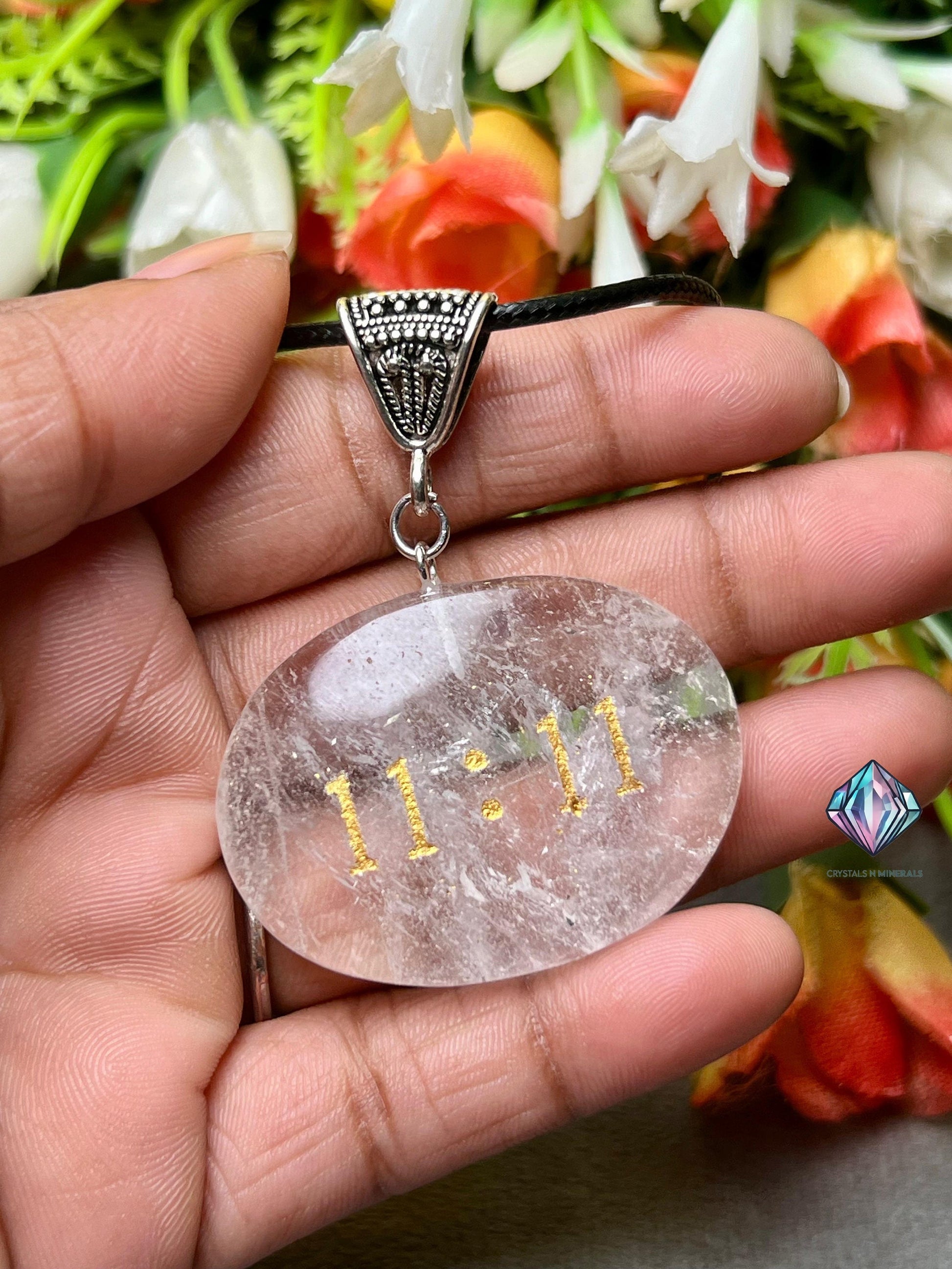 Angel Number 11:11 Himalayan Crystal Quartz Stone Zibu Angelic Symbol Pendant With Black Cord