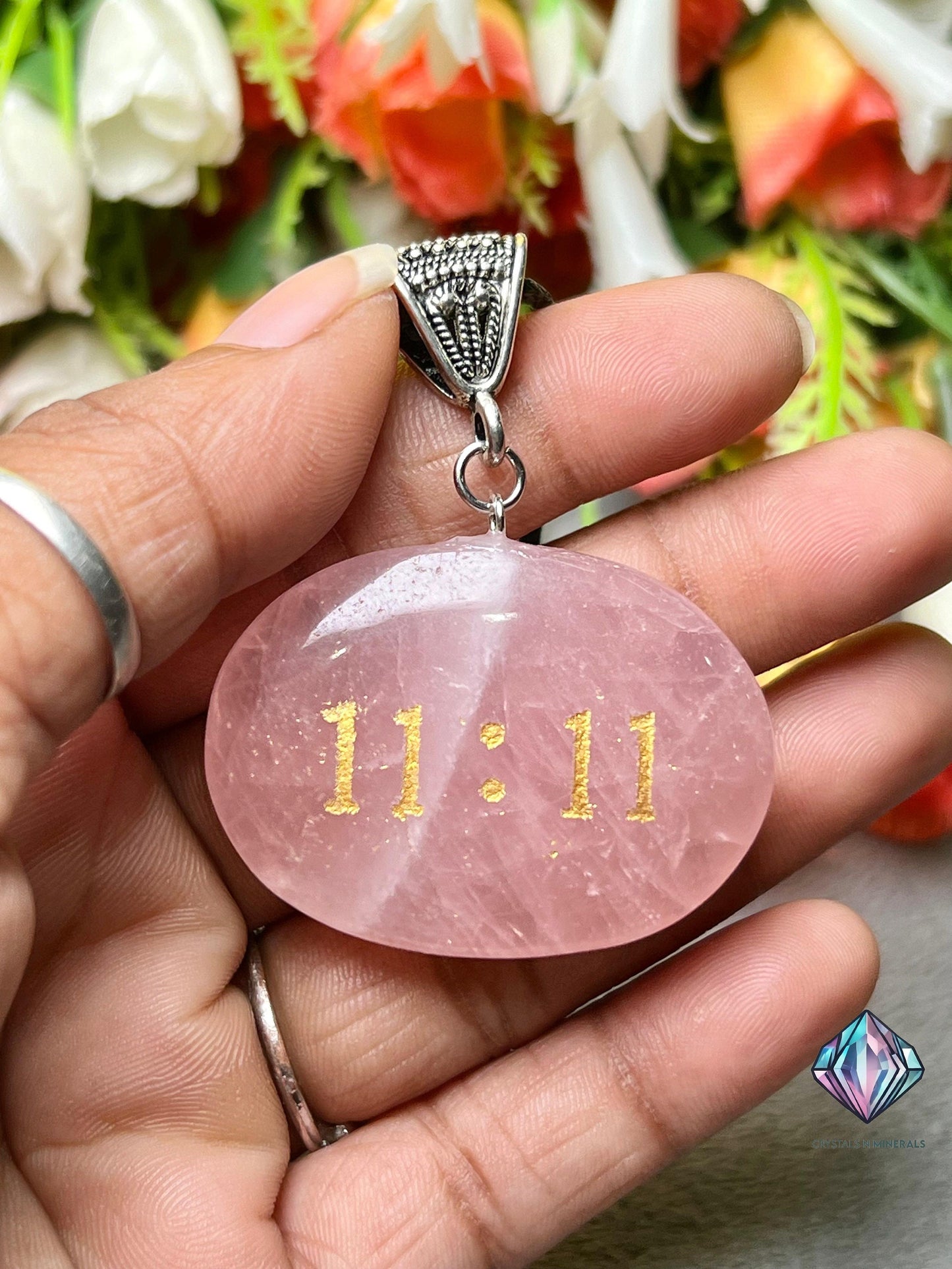 Angel Number 11:11 Rose Quartz Stone Zibu Angelic Symbol Pendant With Black Cord