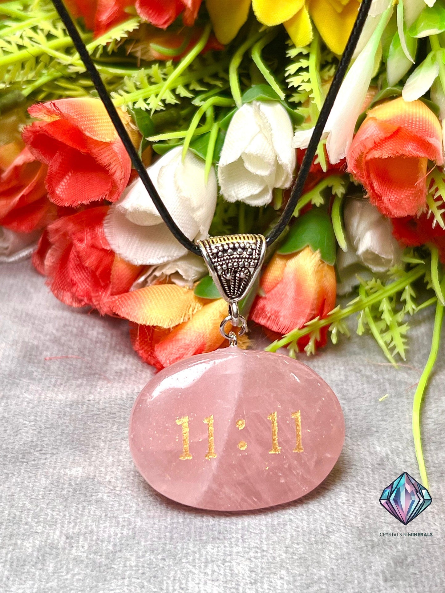 Angel Number 11:11 Rose Quartz Stone Zibu Angelic Symbol Pendant With Black Cord