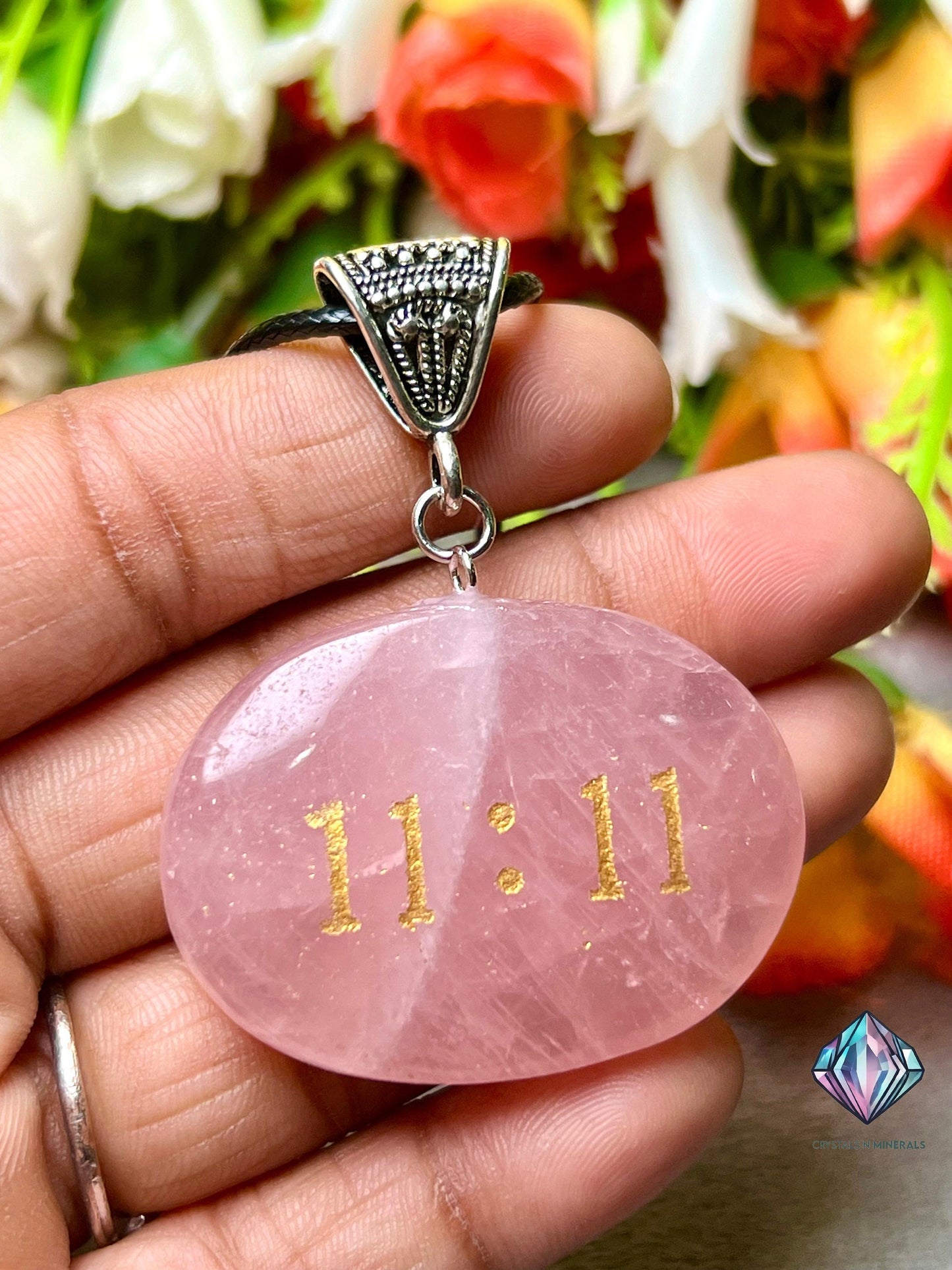 Angel Number 11:11 Rose Quartz Stone Zibu Angelic Symbol Pendant With Black Cord