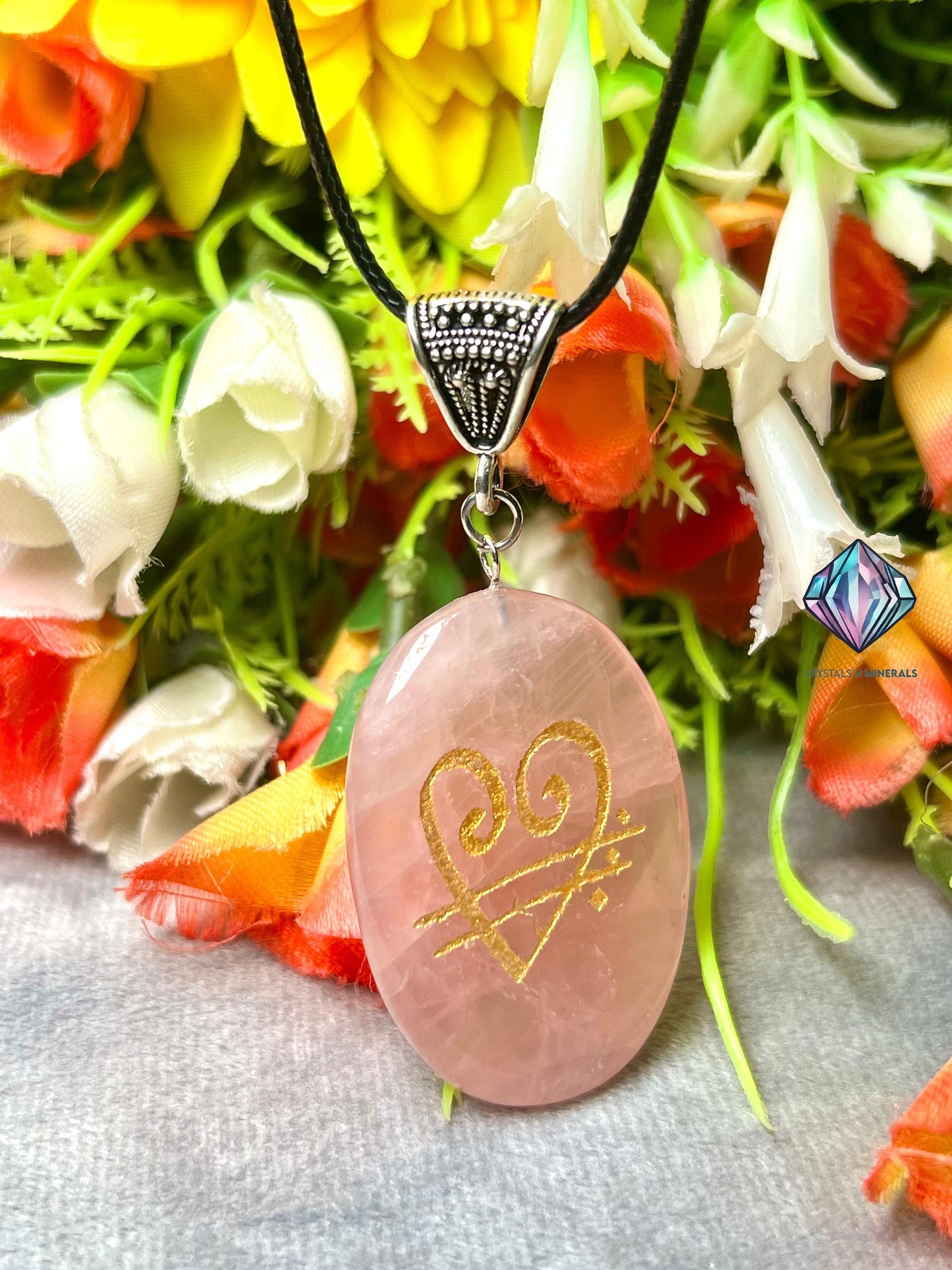 Rose Quartz Stone Love Maker Zibu Angelic Symbol With Heart Engraved Pendant With Black Cord