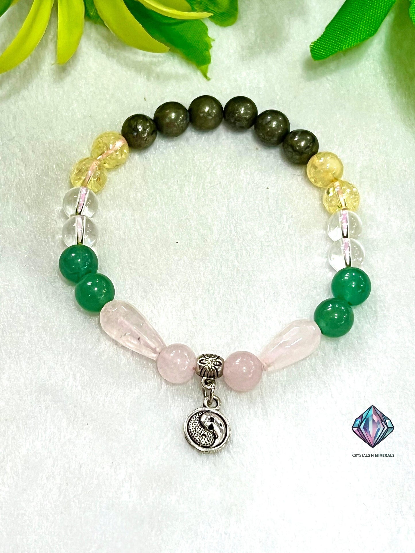 Feng Shui Stone Bracelet  Pyrite ,Green Aventurine , Citrine , Clear Quartz , Rose Quartz Stone Bracelet 8 mm with Yin Yang Charm