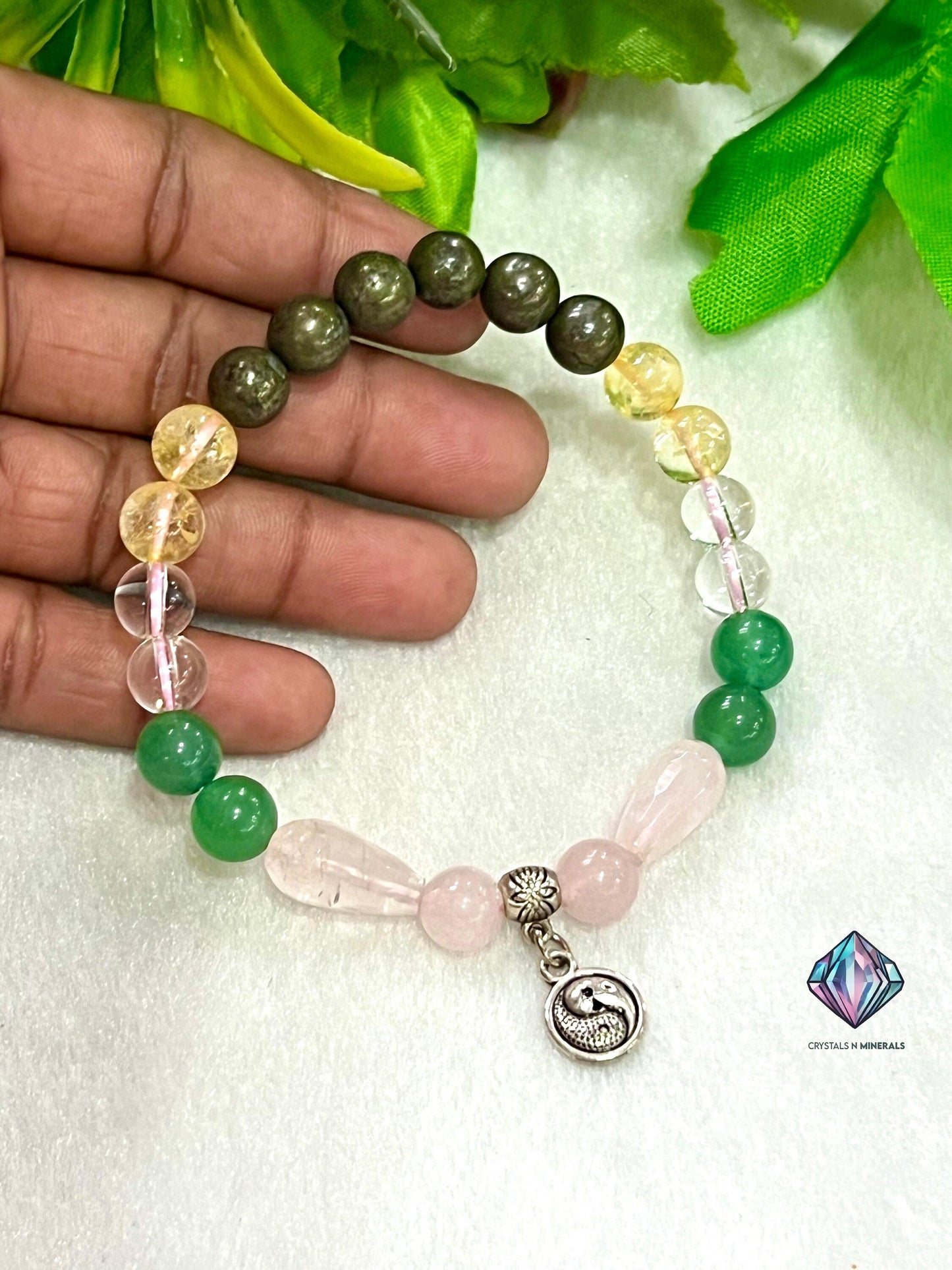 Feng Shui Stone Bracelet  Pyrite ,Green Aventurine , Citrine , Clear Quartz , Rose Quartz Stone Bracelet 8 mm with Yin Yang Charm