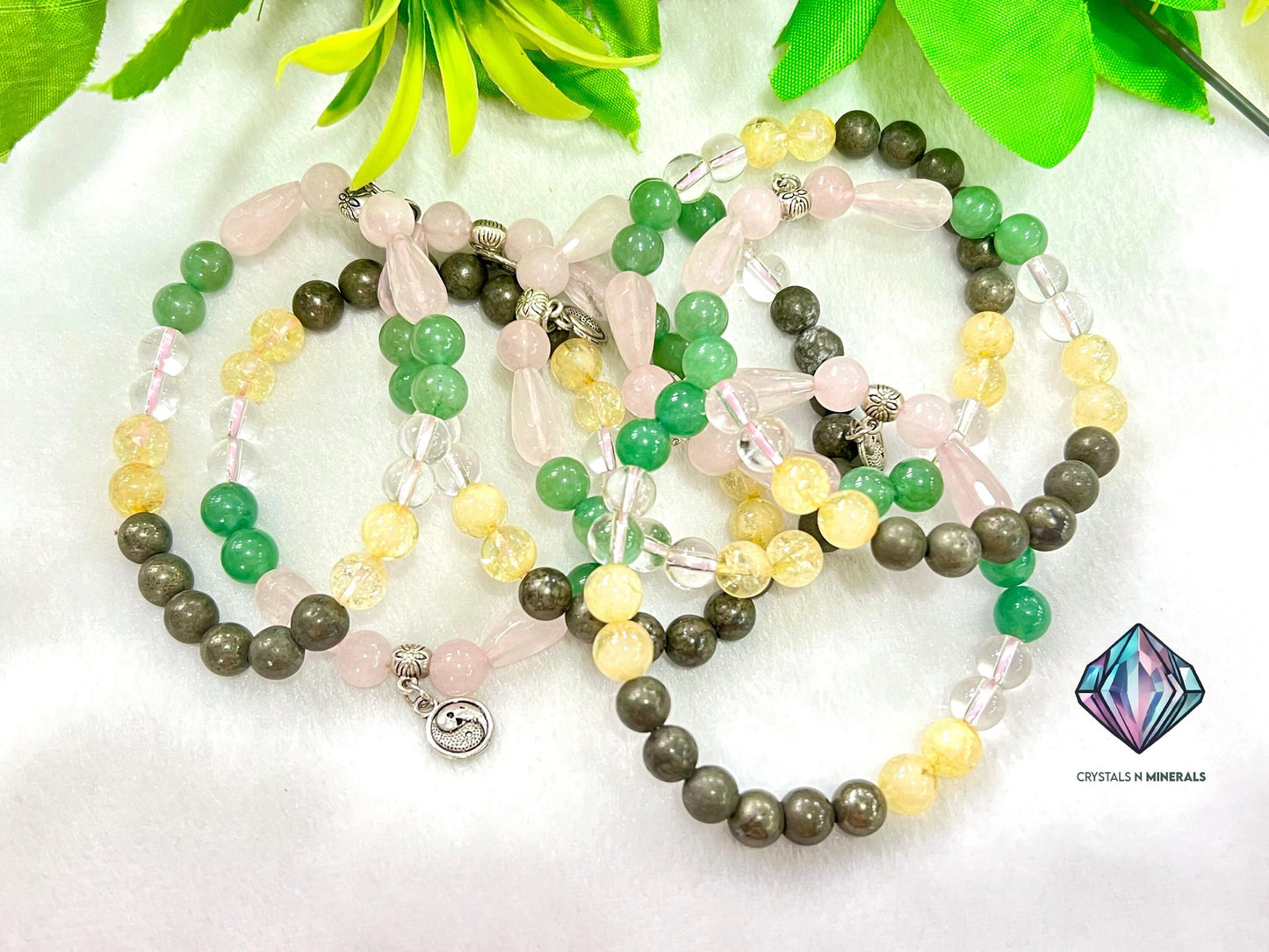 Feng Shui Stone Bracelet  Pyrite ,Green Aventurine , Citrine , Clear Quartz , Rose Quartz Stone Bracelet 8 mm with Yin Yang Charm