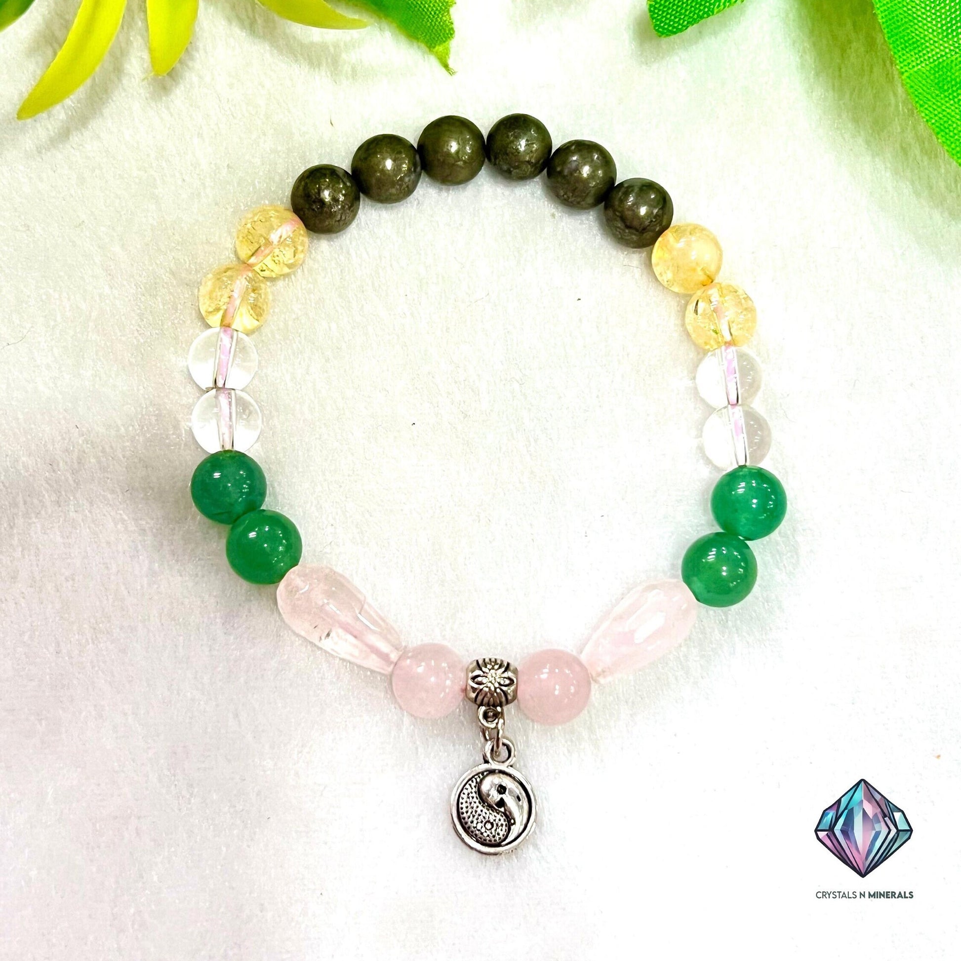 Feng Shui Stone Bracelet  Pyrite ,Green Aventurine , Citrine , Clear Quartz , Rose Quartz Stone Bracelet 8 mm with Yin Yang Charm