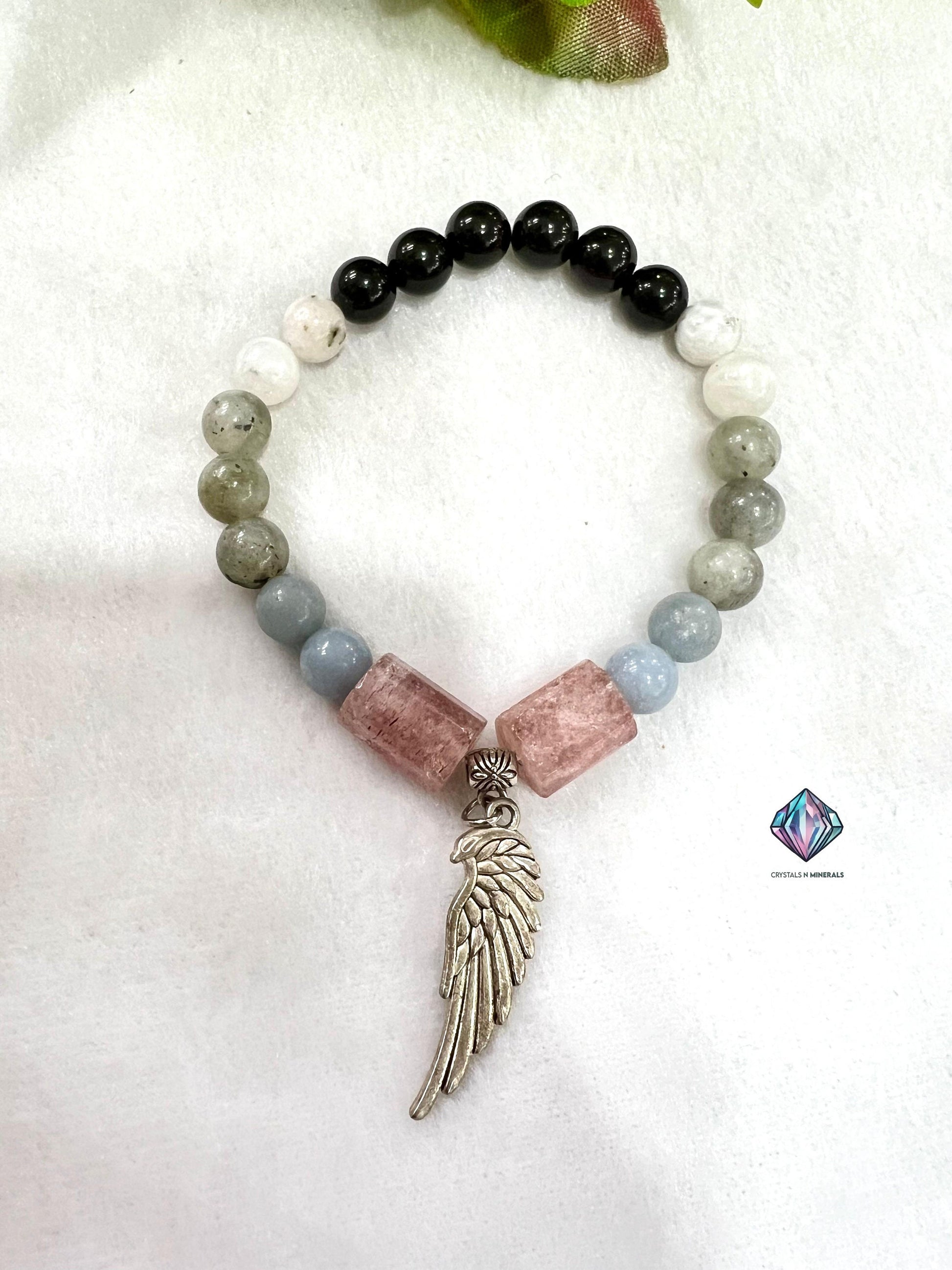 Guardian Angel Stone Rainbow Moonstone ,Strawberry Quartz ,Angelite ,Labradorite ,Rainbow Obsidian Stone Bracelet 8 mm with Angel Wing Charm