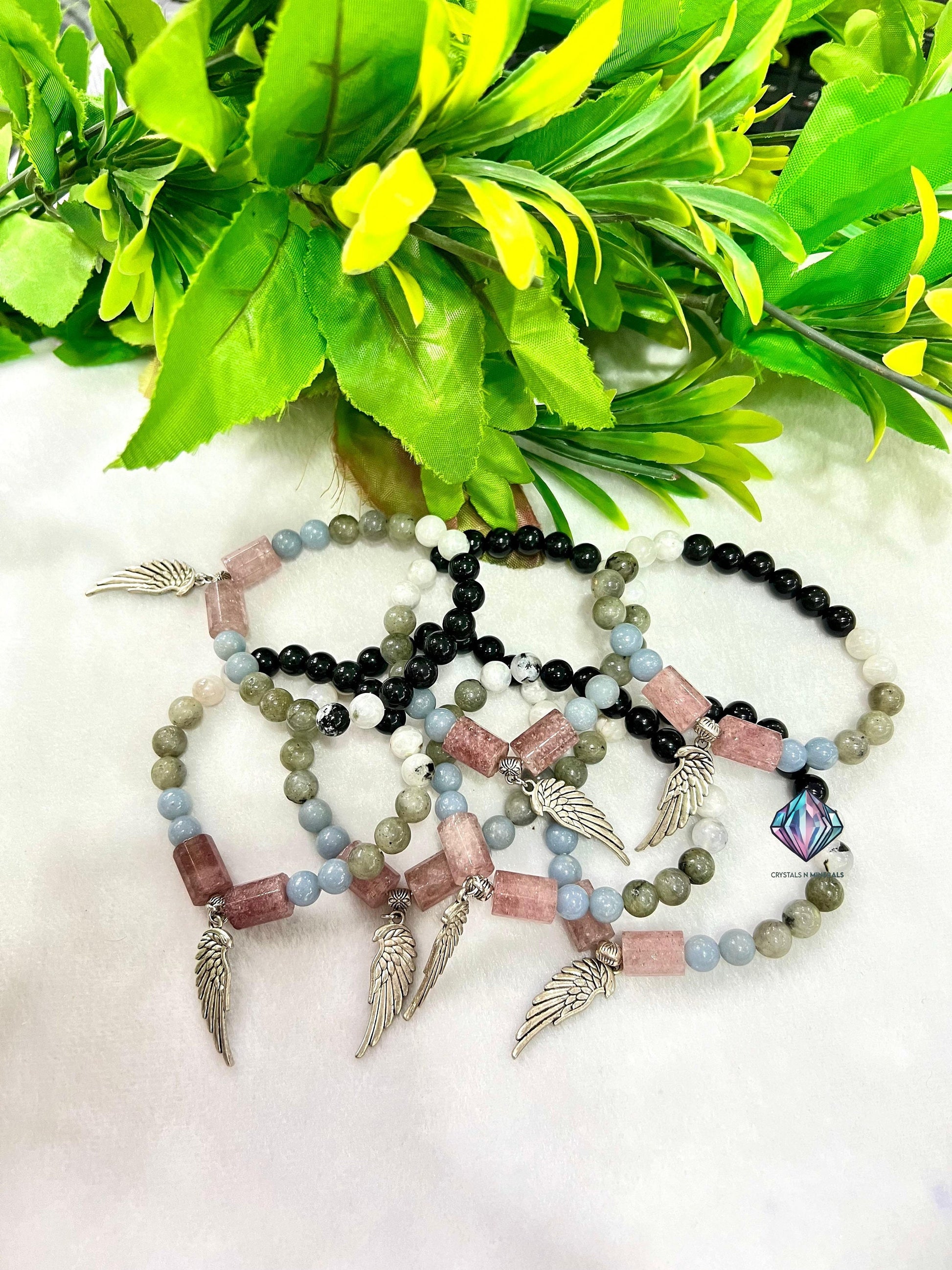 Guardian Angel Stone Rainbow Moonstone ,Strawberry Quartz ,Angelite ,Labradorite ,Rainbow Obsidian Stone Bracelet 8 mm with Angel Wing Charm